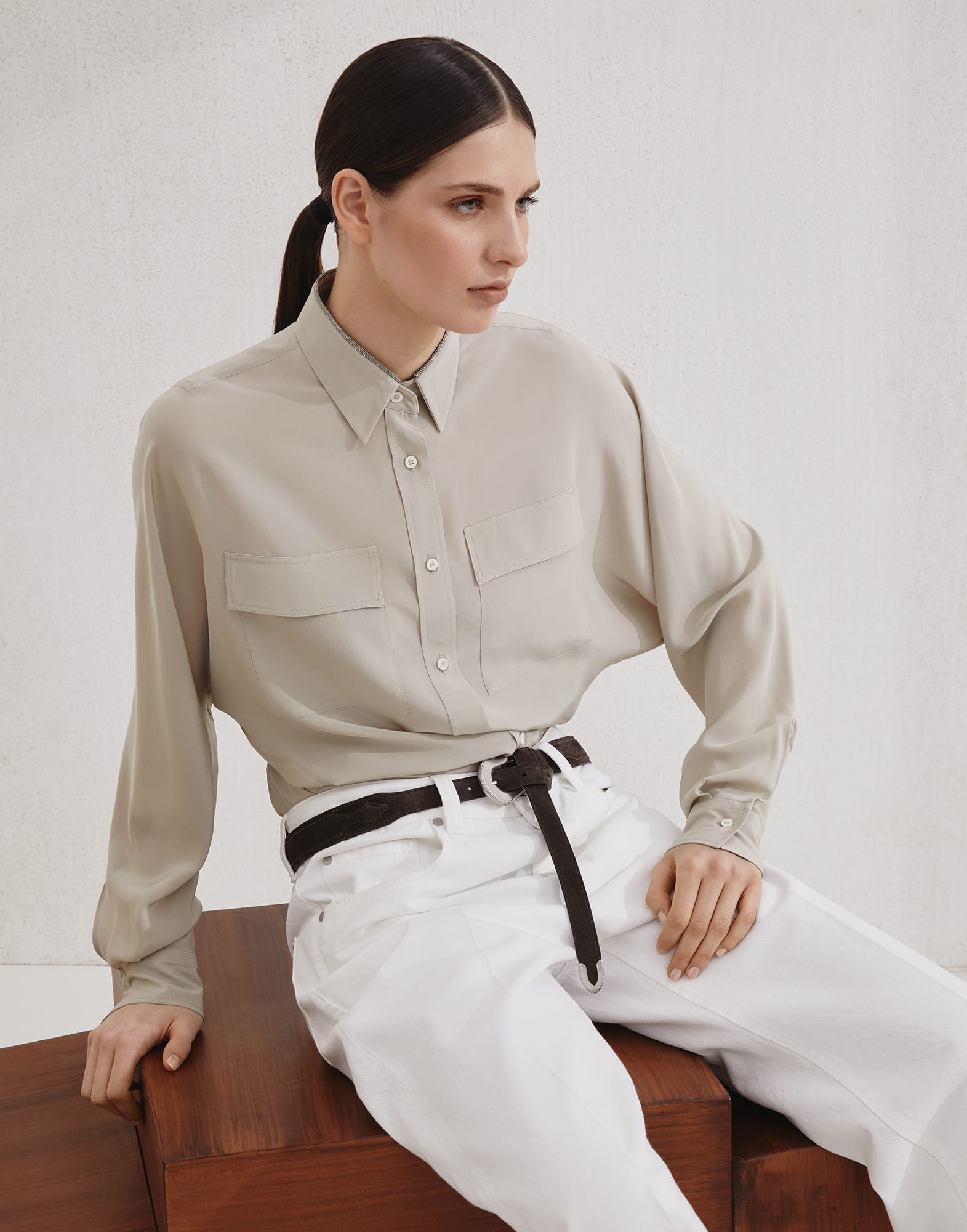 Camisa en crepé de China Beige Claro Mujer - Brunello Cucinelli