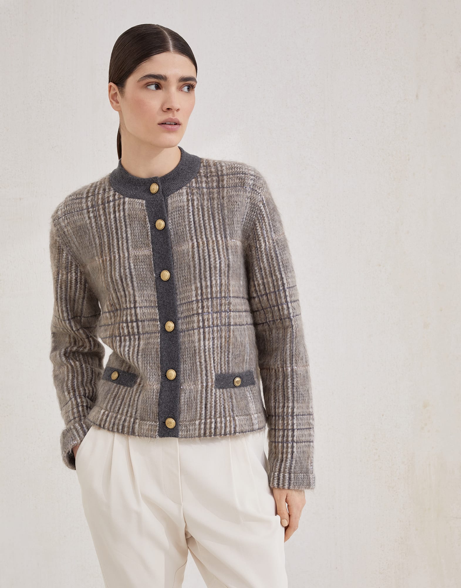 Jacquard cardigan with dazzling check Multicoloured Woman - Brunello Cucinelli