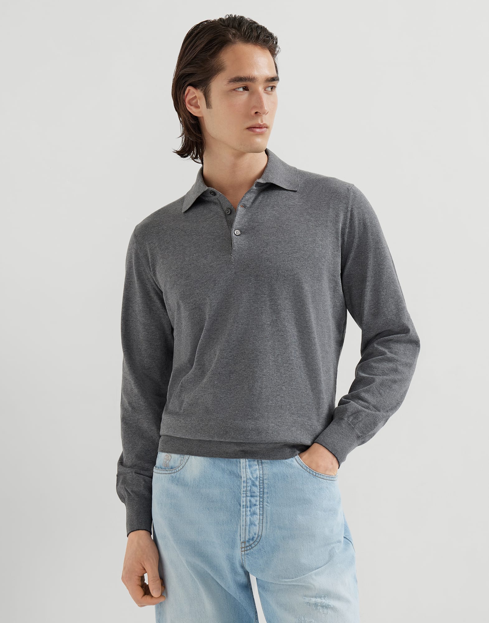 Lightweight knit Polo Dark Grey Man - Brunello Cucinelli