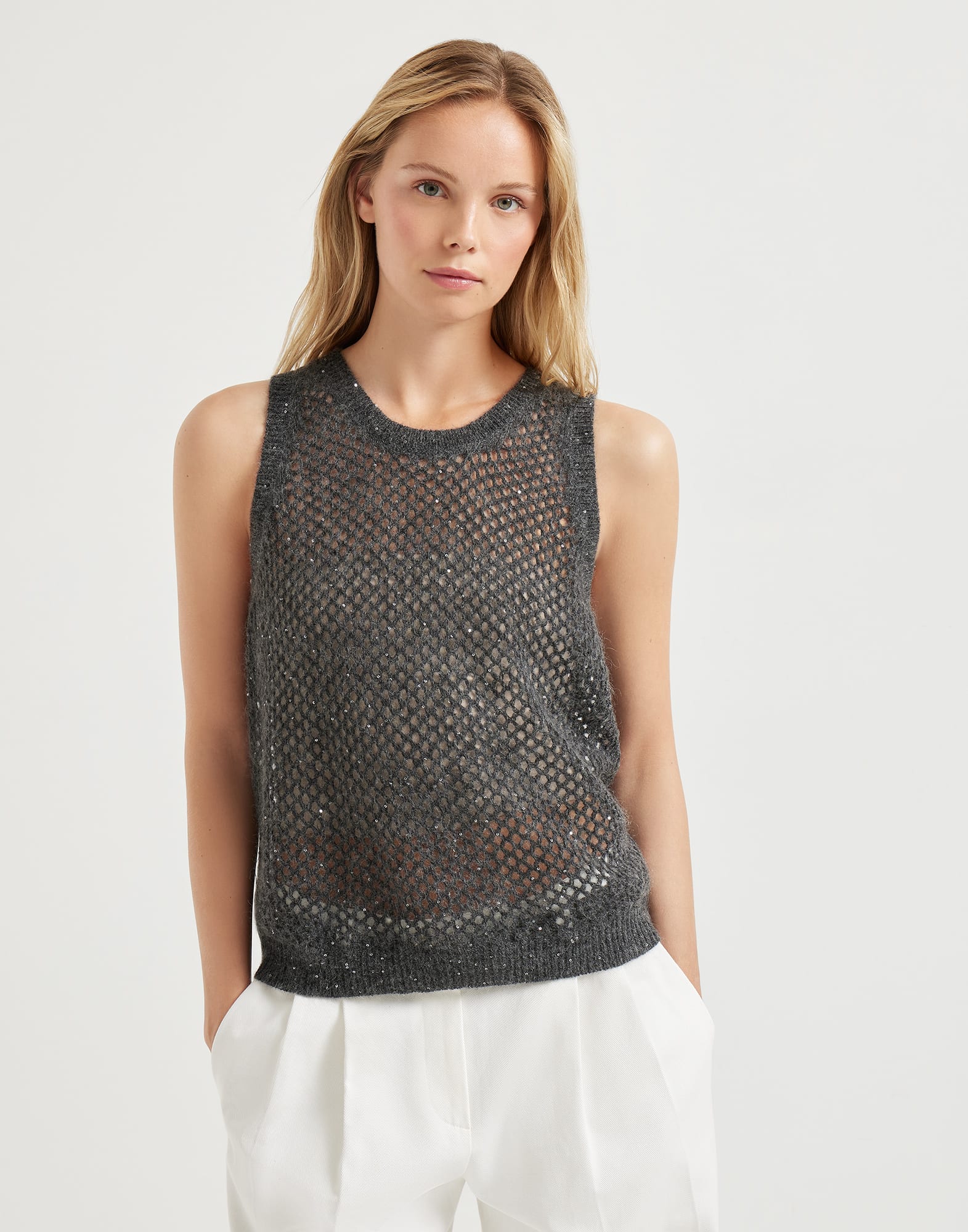 Dazzling Net knit top Anthracite Woman - Brunello Cucinelli
