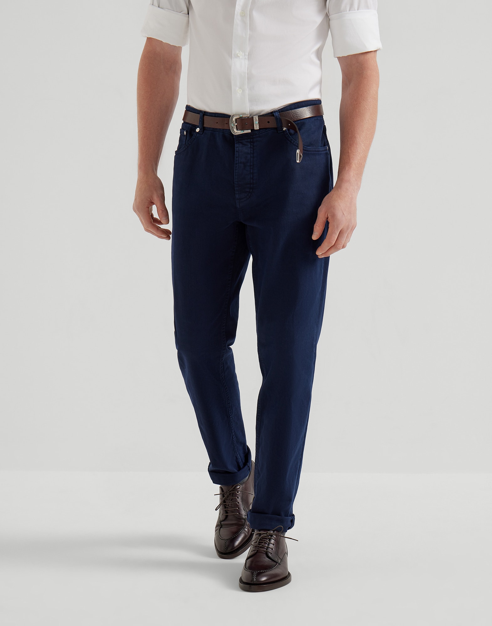 Comfort denim trousers for Man in Snow | Brunello Cucinelli Comfort denim trousers for Man in Snow | Brunello Cucinelli