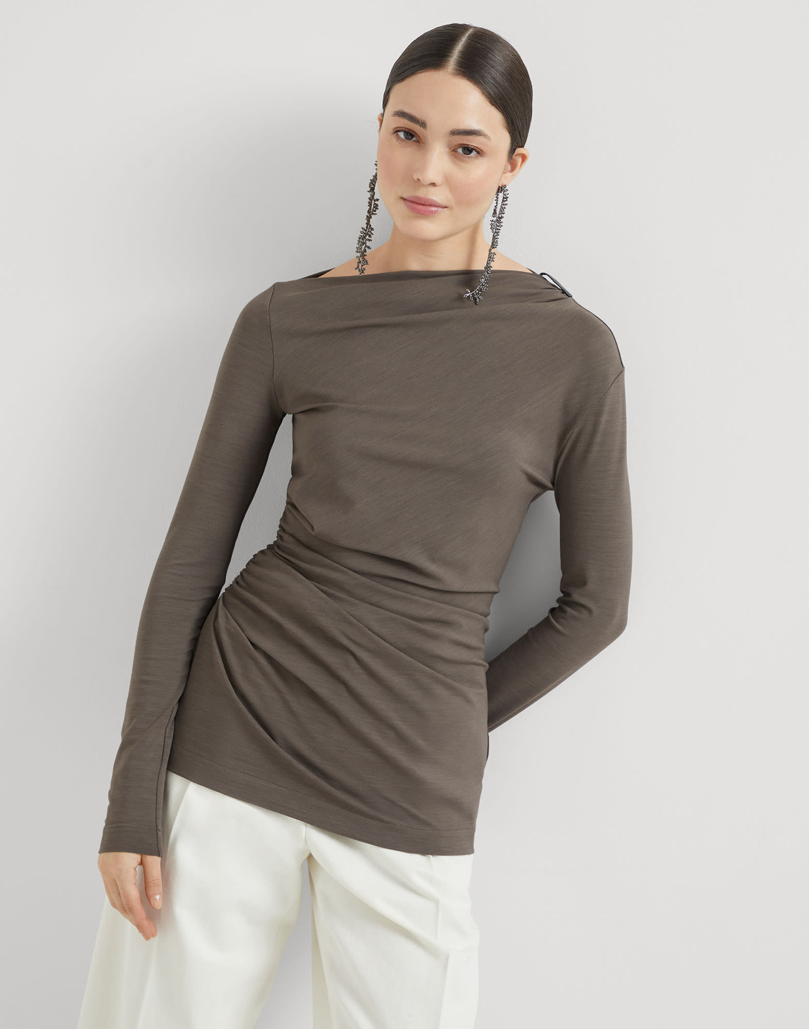 Ruched T-shirt with monili Mud Woman - Brunello Cucinelli