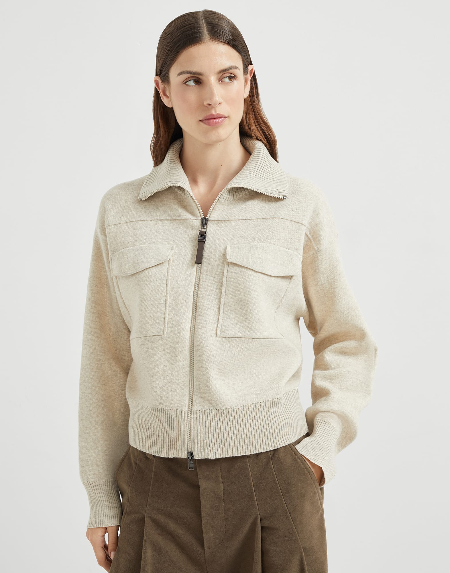 Double-knit cardigan for Woman in Oat | Brunello Cucinelli Double-knit cardigan for Woman in Oat | Brunello Cucinelli