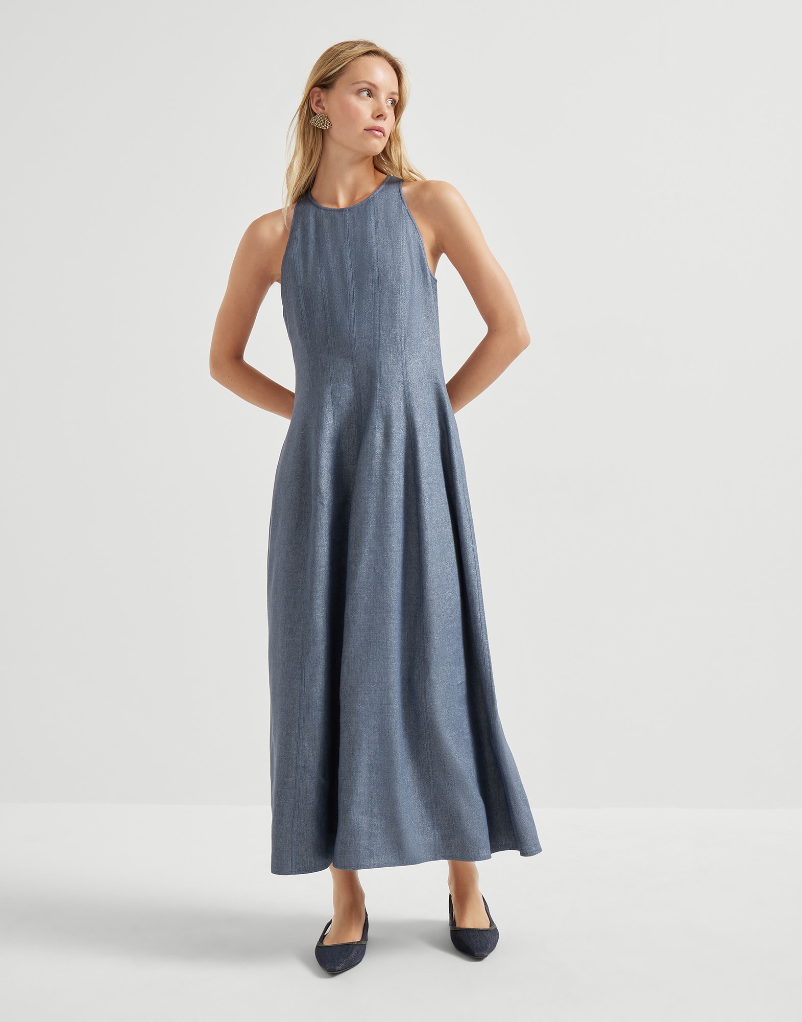 Linen and virgin wool twill dress for Woman in Dark Denim | Brunello Cucinelli Linen and virgin wool twill dress for Woman in Dark Denim | Brunello Cucinelli