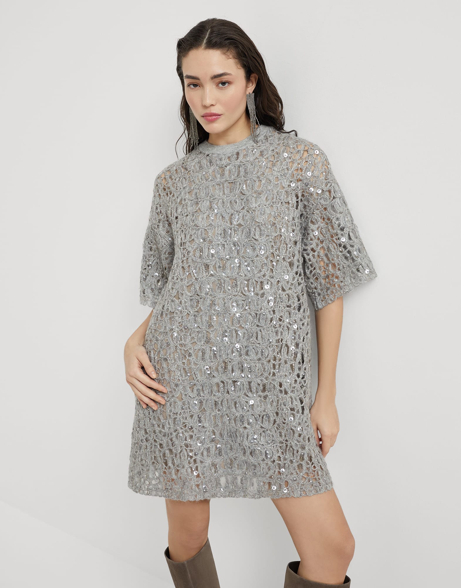 Vestido Dazzling Croc Embroidery Gris Claro Mujer - Brunello Cucinelli