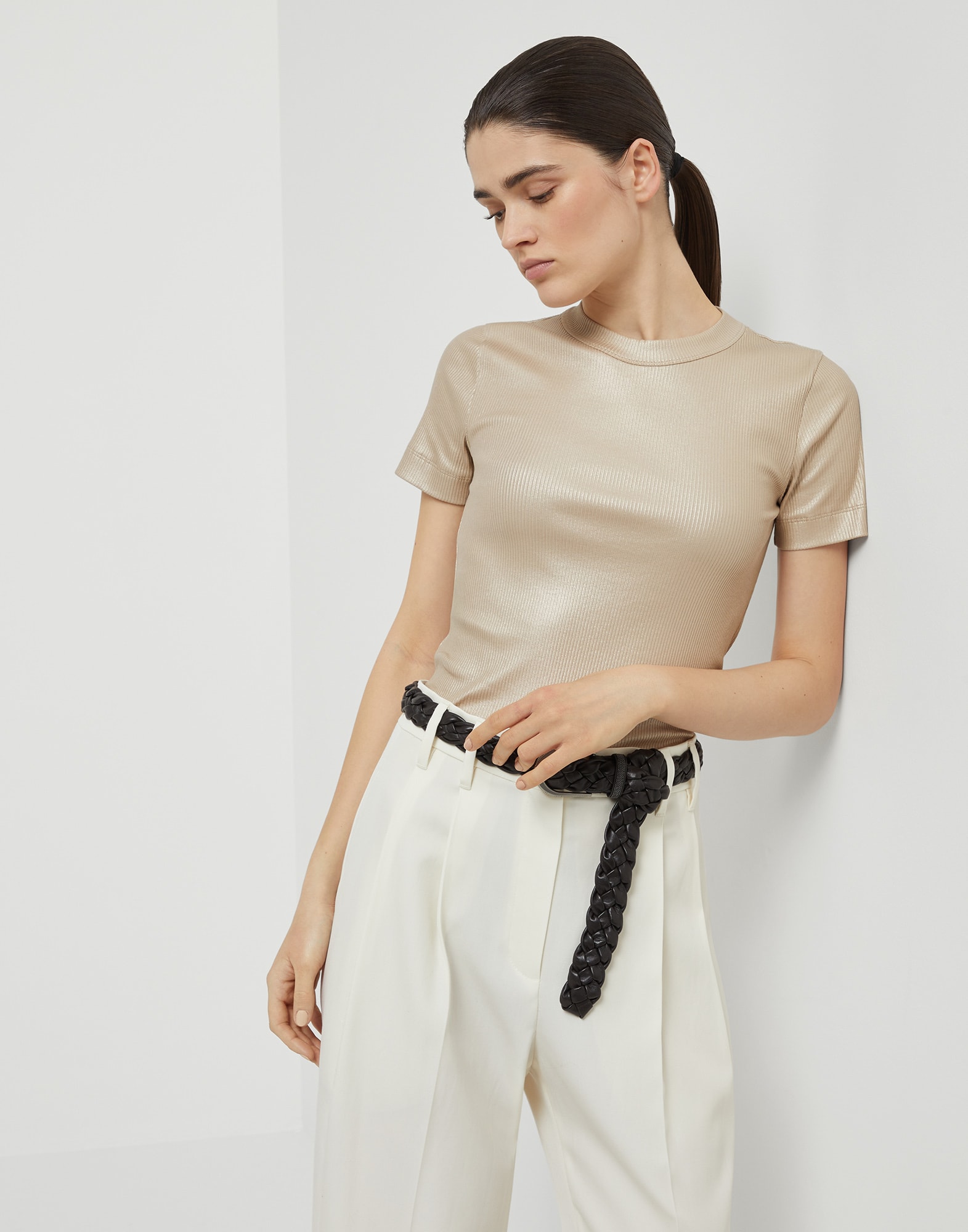 Sparkling jersey T-shirt Sand Woman - Brunello Cucinelli