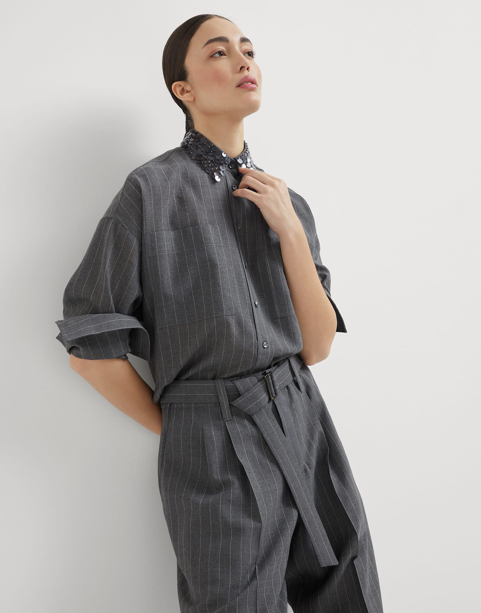 水滴形坠饰衣领衬衫 炮铜灰色 女款 - Brunello Cucinelli