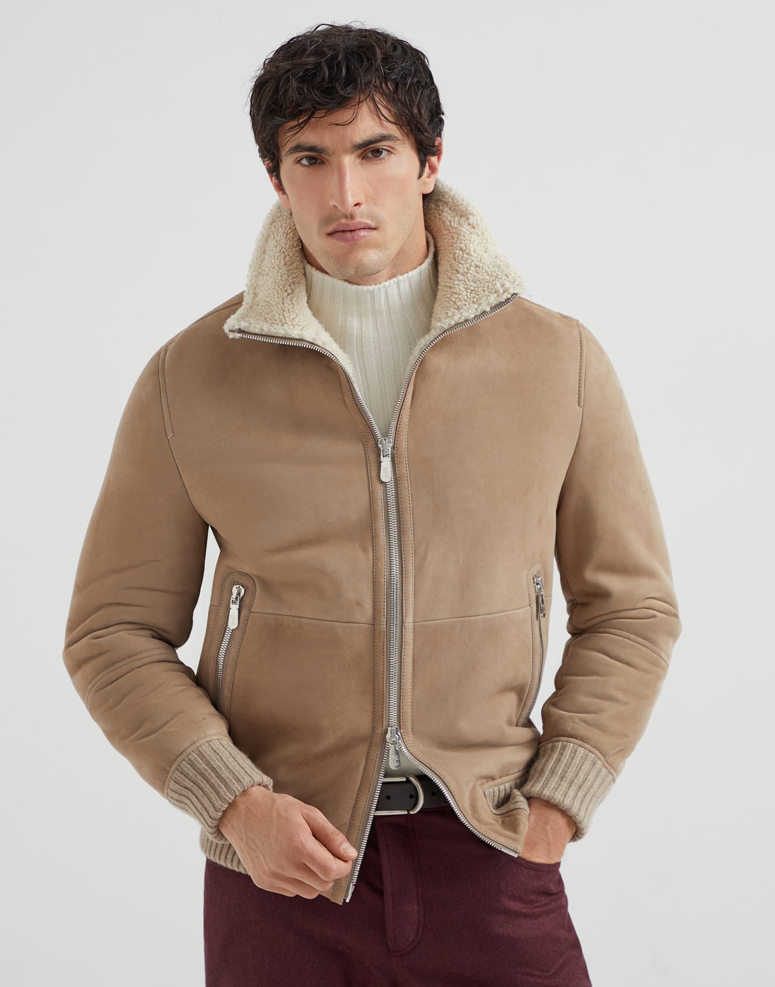Curly shearling bomber jacket for Man in Hazelnut | Brunello Cucinelli Curly shearling bomber jacket for Man in Hazelnut | Brunello Cucinelli