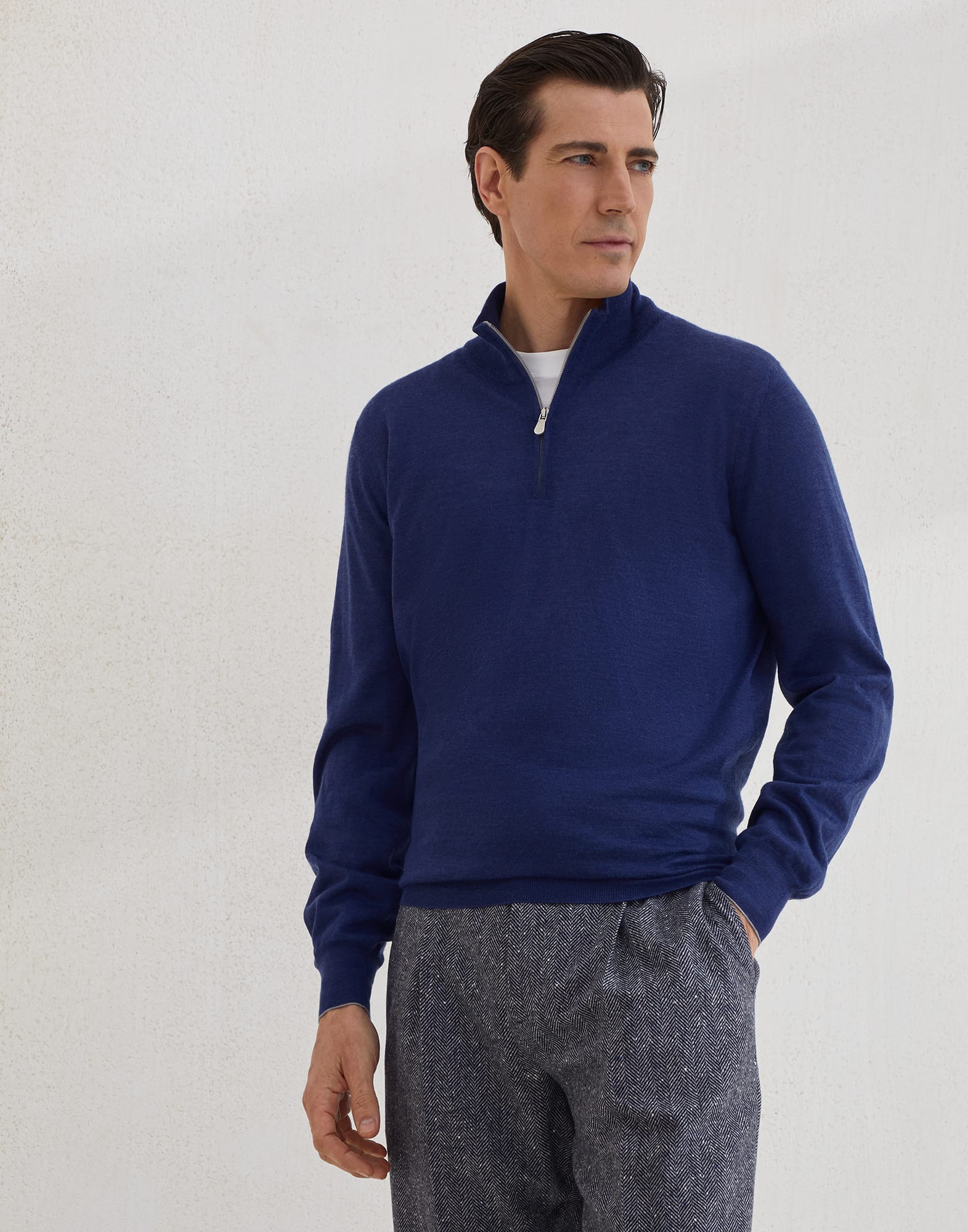 Lightweight sweater with zip for Man in Sapphire | Brunello Cucinelli Lightweight sweater with zip for Man in Sapphire | Brunello Cucinelli