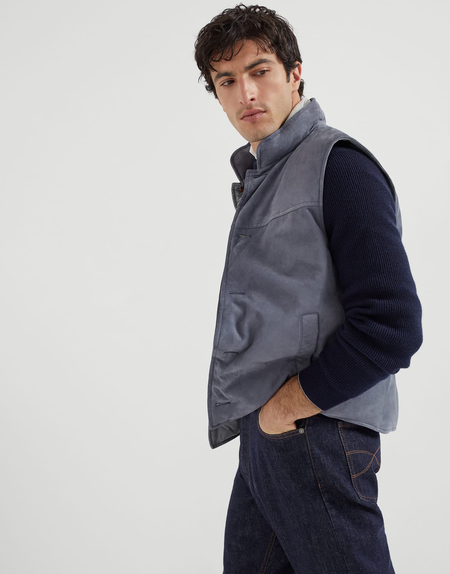 メンズ 向け デニムブルー スエード ダウンベスト | Brunello Cucinelli メンズ 向け デニムブルー スエード ダウンベスト | Brunello Cucinelli