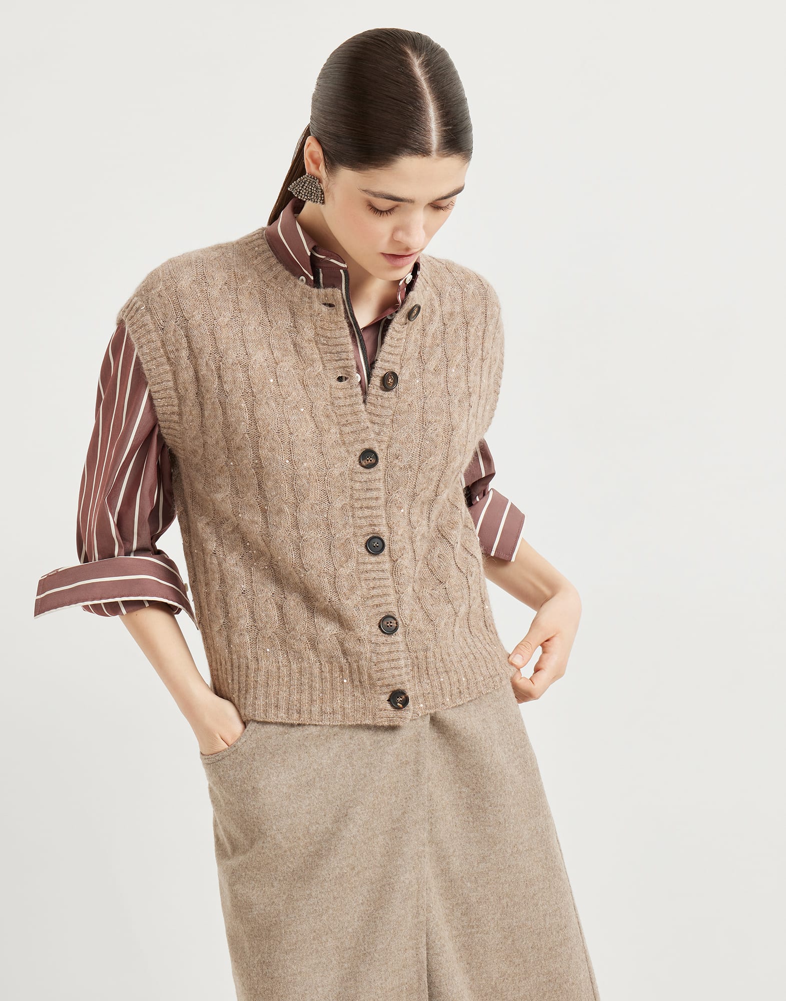 Dazzling Cable cardigan Hazelnut Woman - Brunello Cucinelli