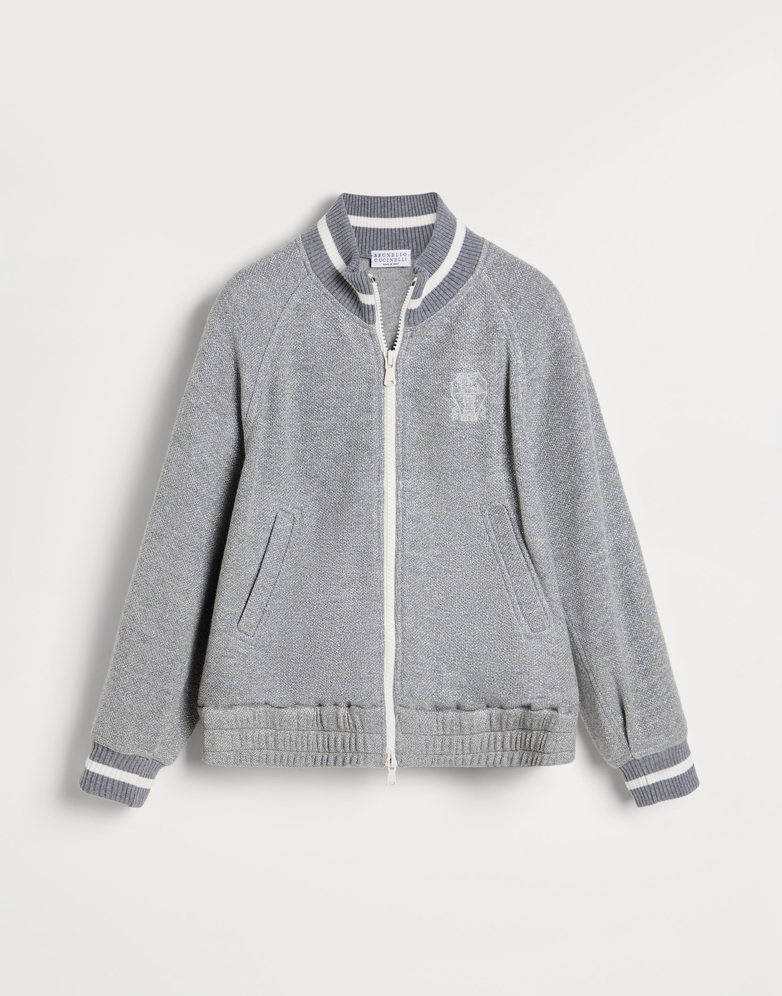 Piqué sweatshirt with zipper and logo Grey Girls - Brunello Cucinelli