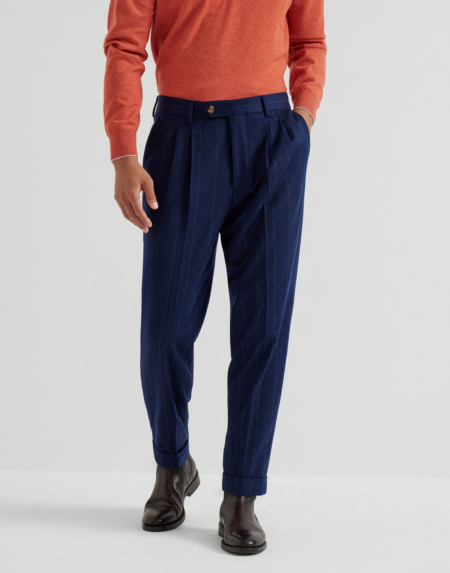 Wide chalk stripe trousers Avio Blue Man - Brunello Cucinelli