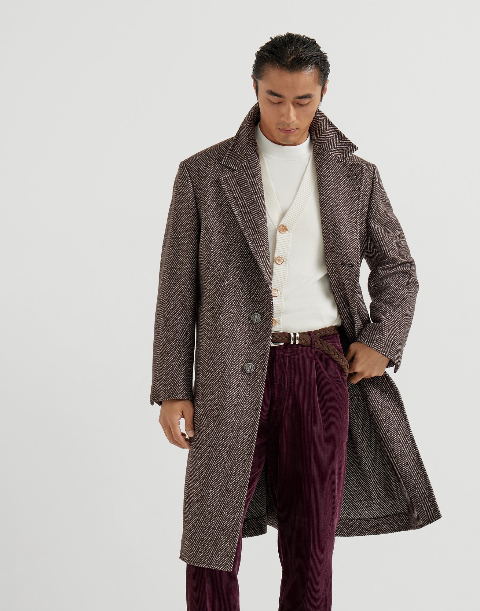 Manteau en flanelle à chevrons Marron Homme - Brunello Cucinelli