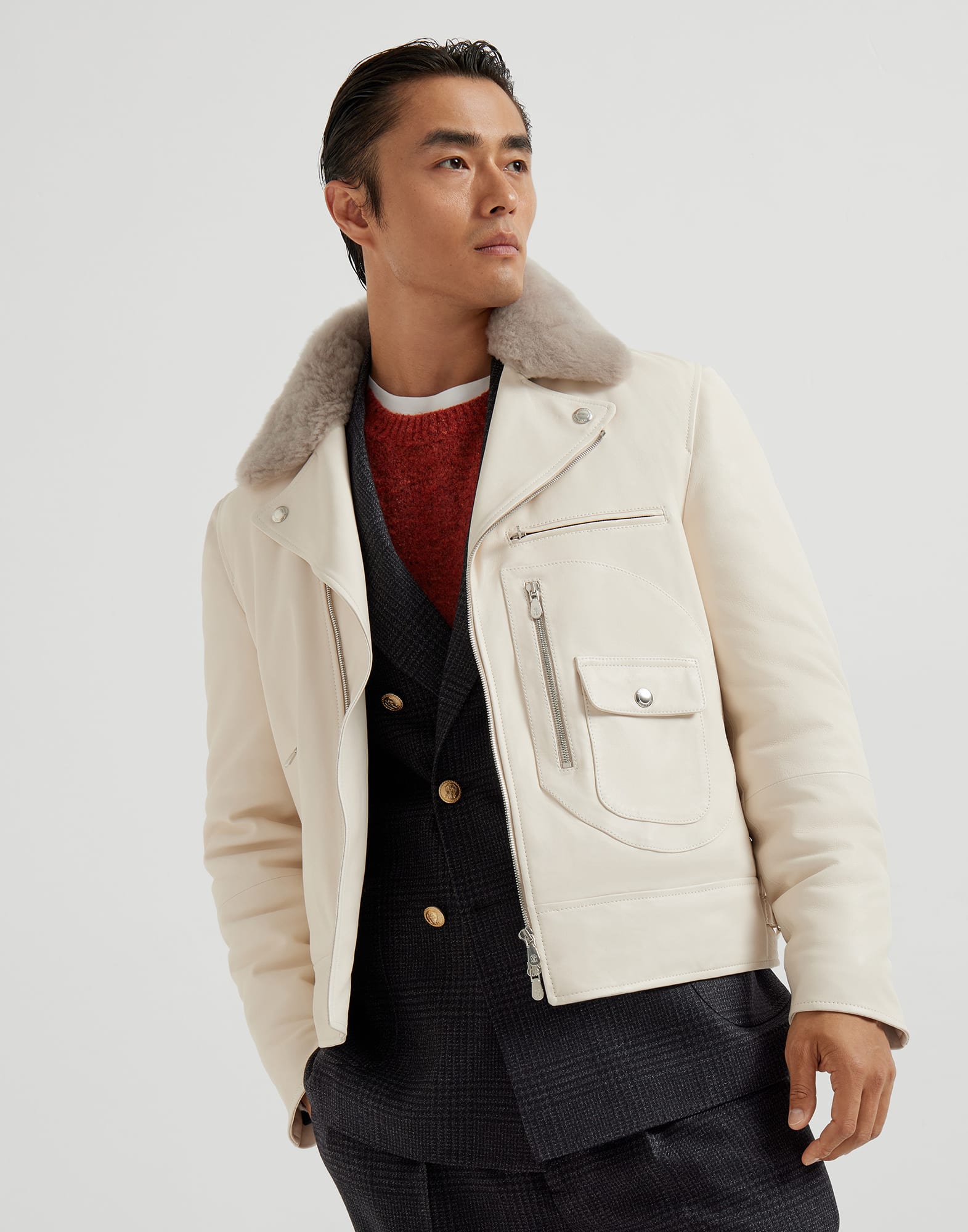 Nappa leather padded biker jacket Ivory Man - Brunello Cucinelli