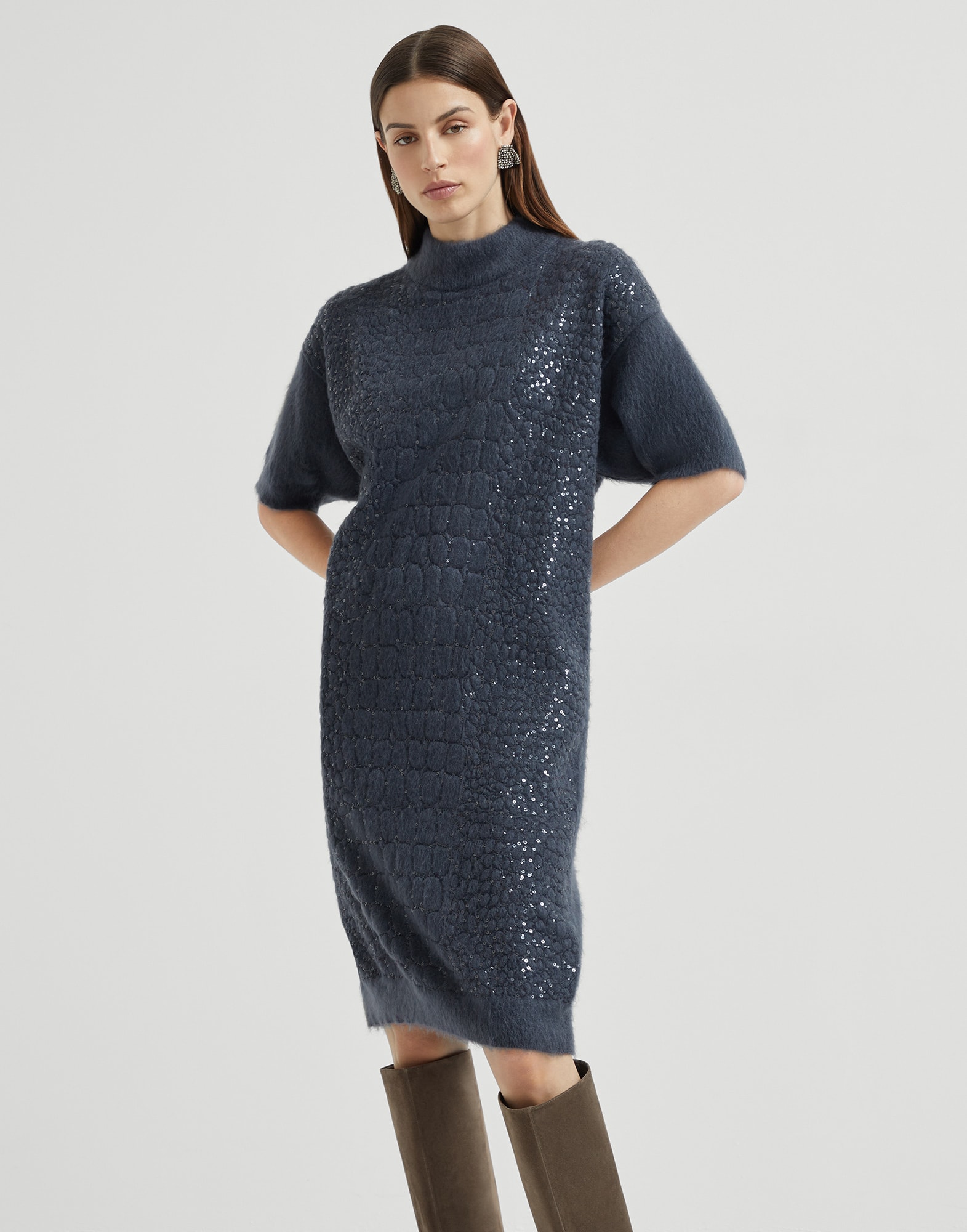 Vestido con hermoso motivo Croc Azul Aviación Mujer - Brunello Cucinelli