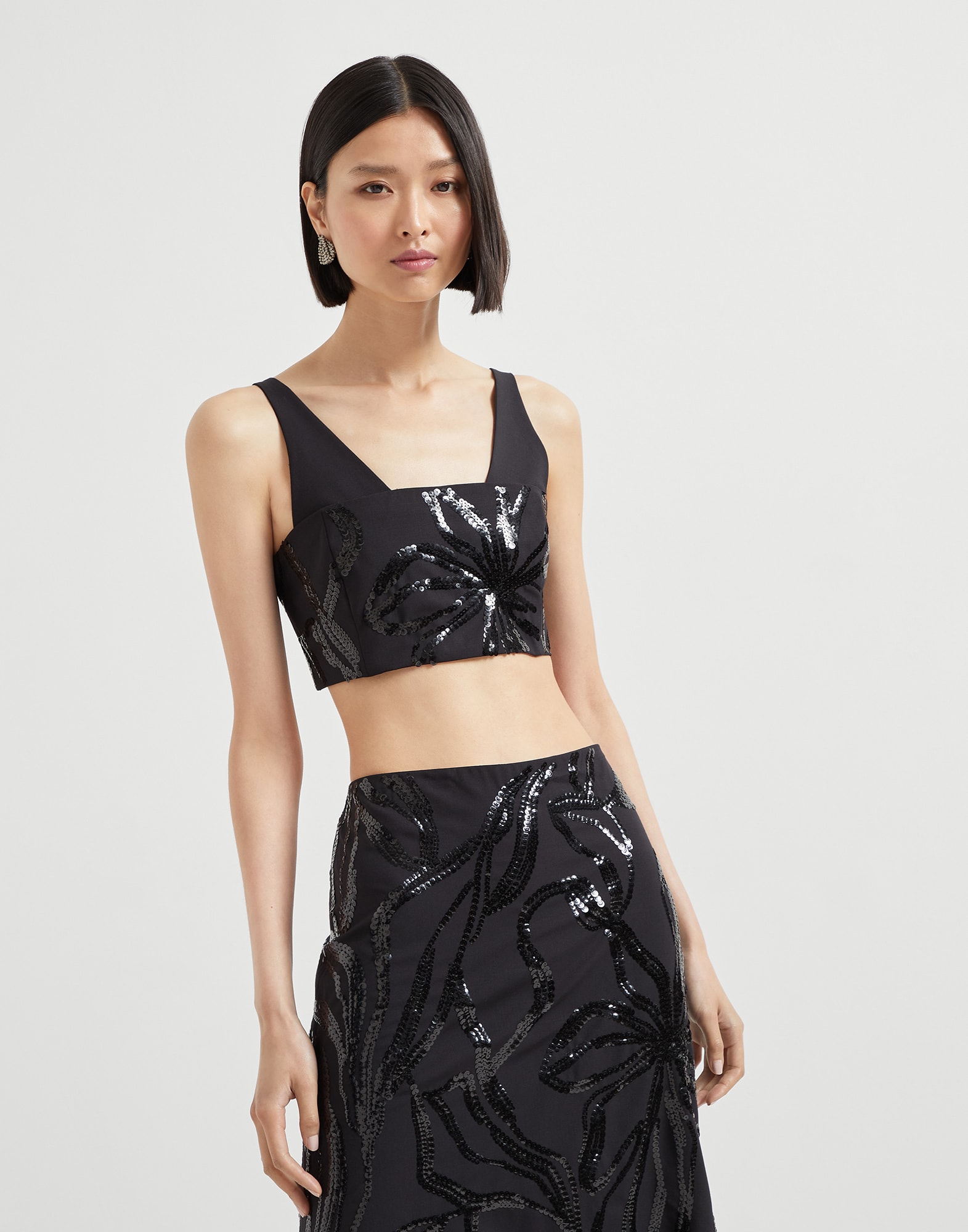 Top Crop Dazzling Floral Embroidery Negro Mujer - Brunello Cucinelli