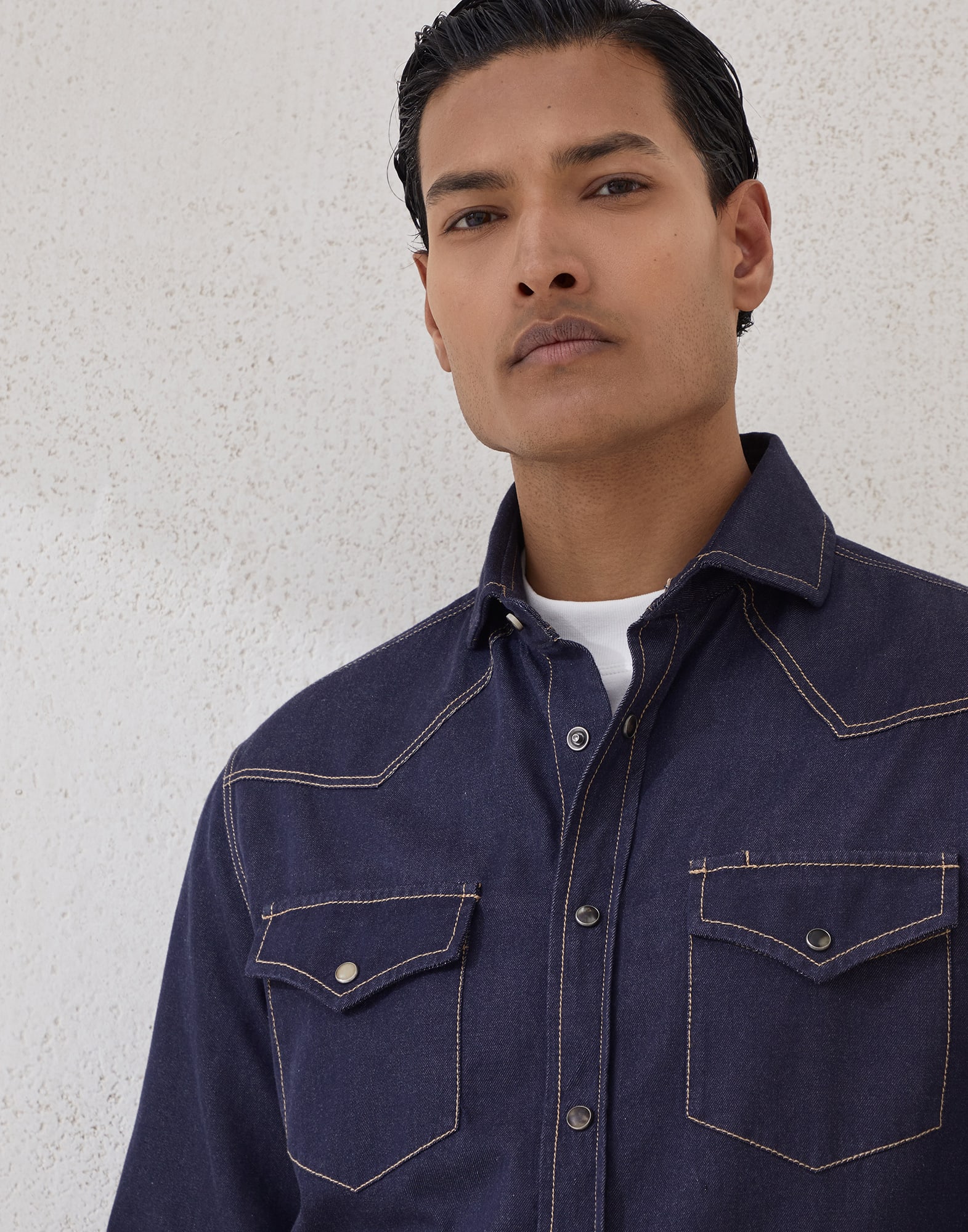 Hemd mit Druckknöpfen Dunkles Jeansblau Herren - Brunello Cucinelli