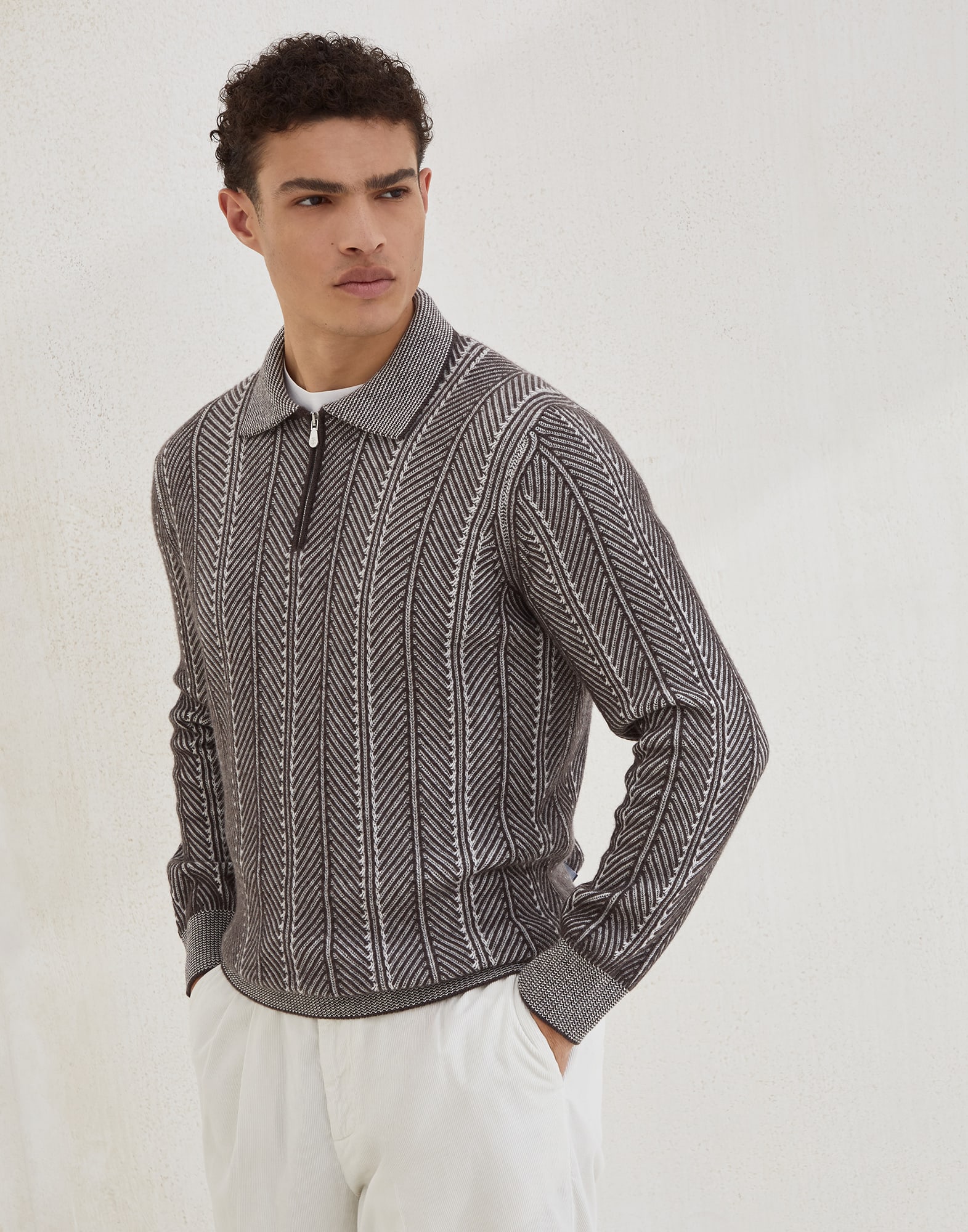 双线针织马球衫 棕色 男款 - Brunello Cucinelli