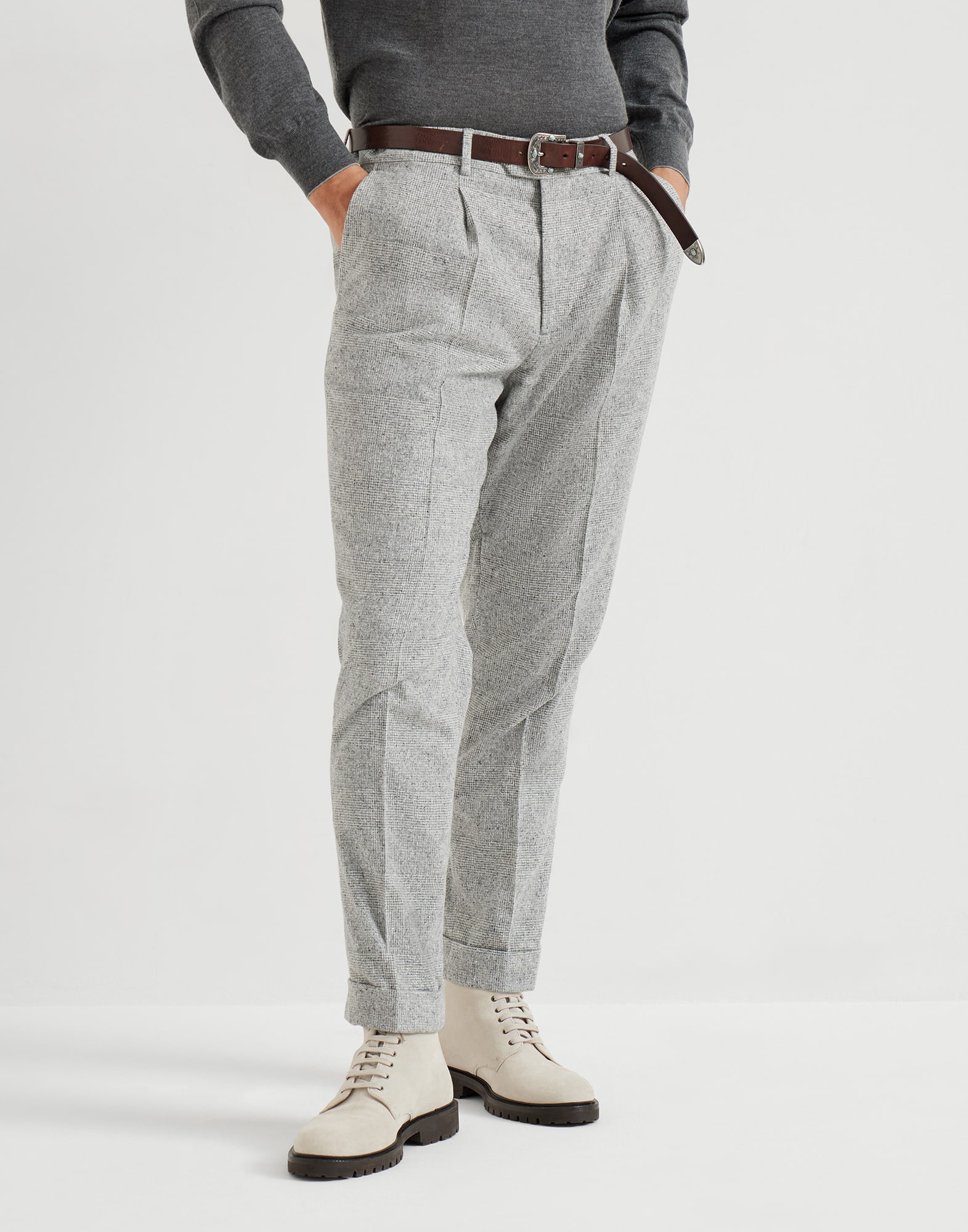 威尔士格纹长裤 浅灰 男款 - Brunello Cucinelli