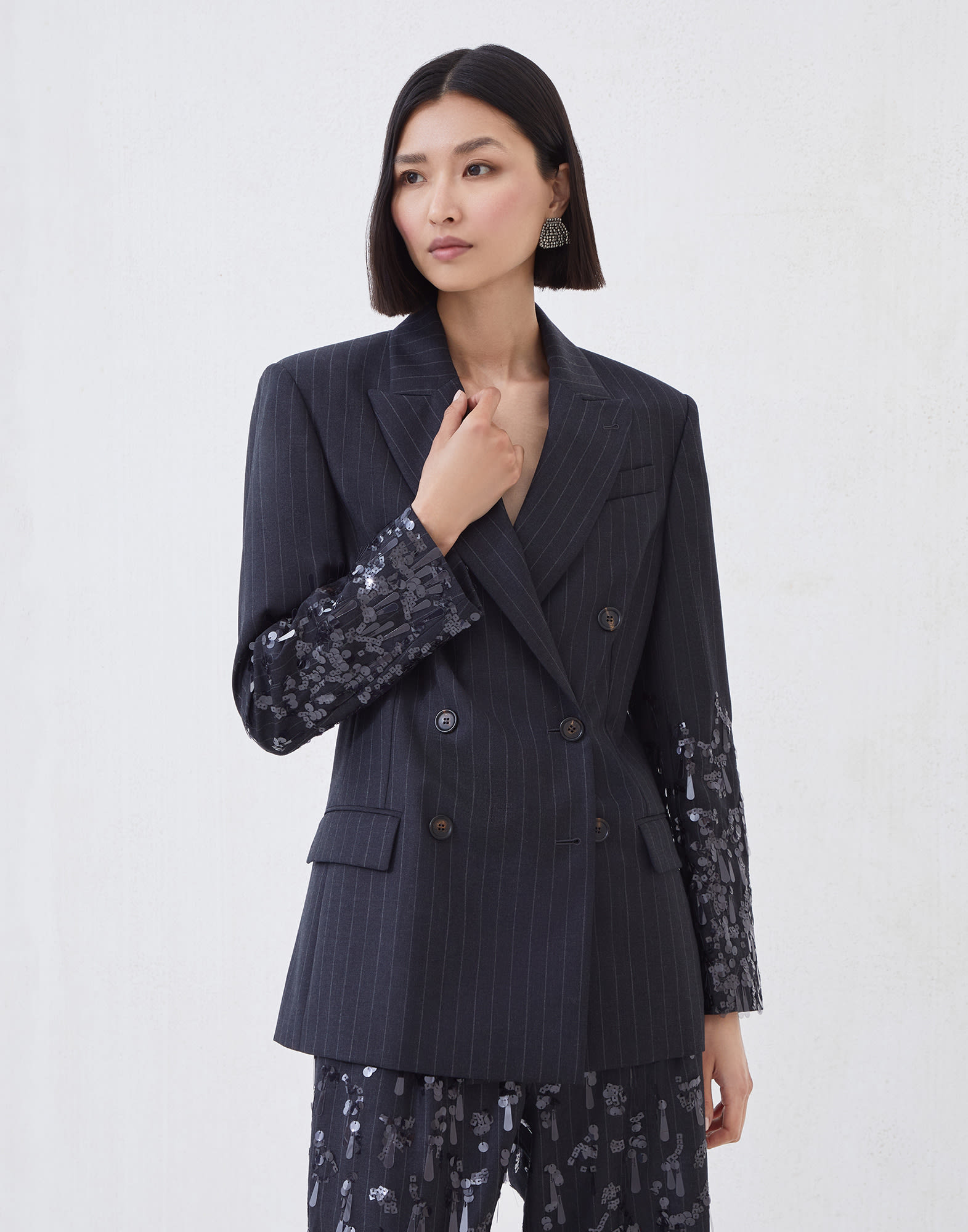 Blazer with swing drops embroidery Lignite Grey Woman - Brunello Cucinelli
