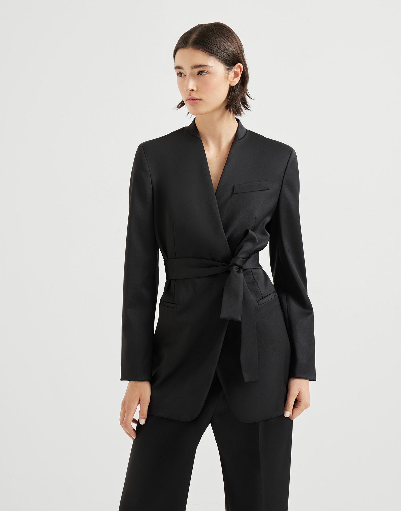 Satin belted blazer with monili Black Woman - Brunello Cucinelli