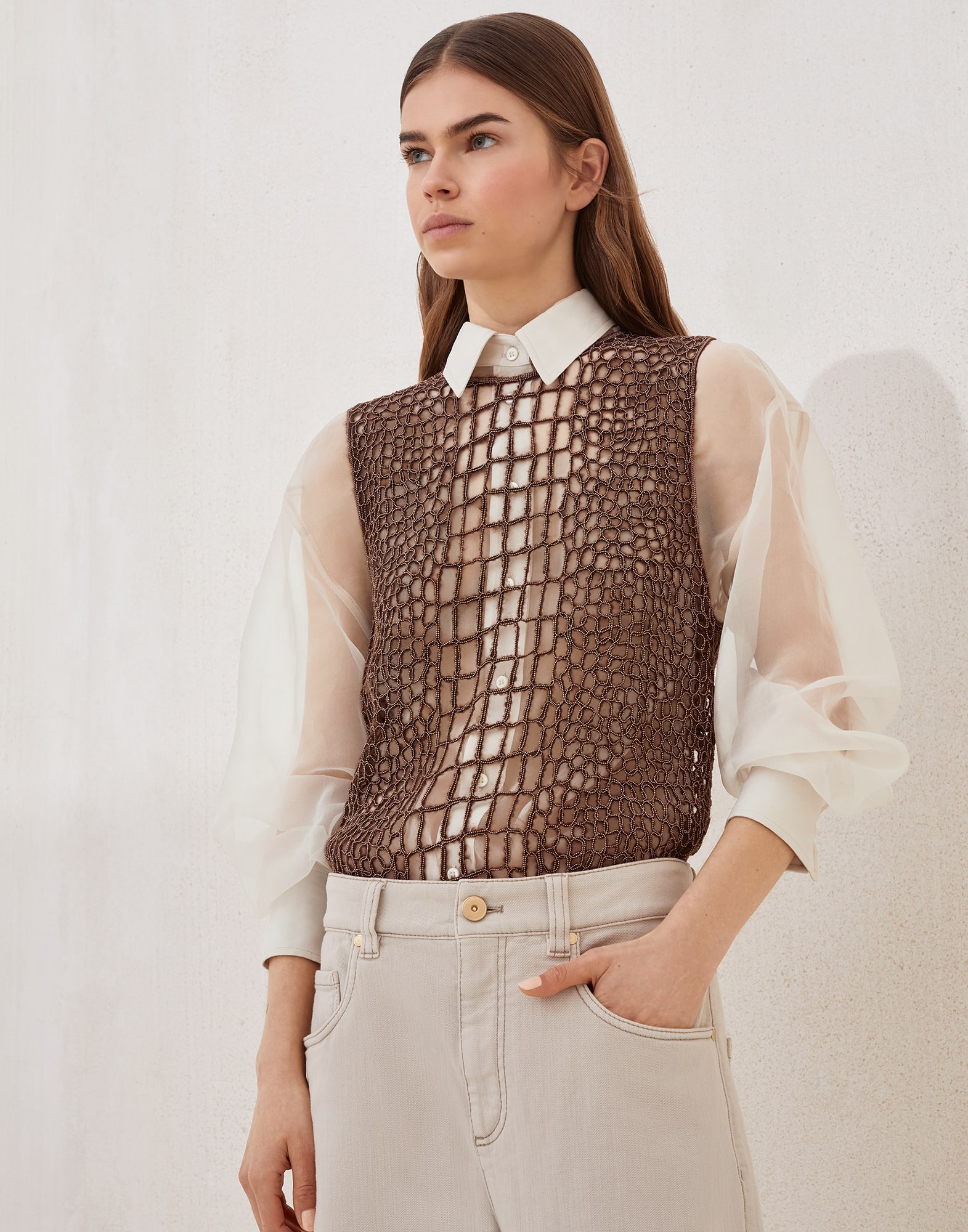 Top Precious Croc Embroidery Marrón Mujer - Brunello Cucinelli