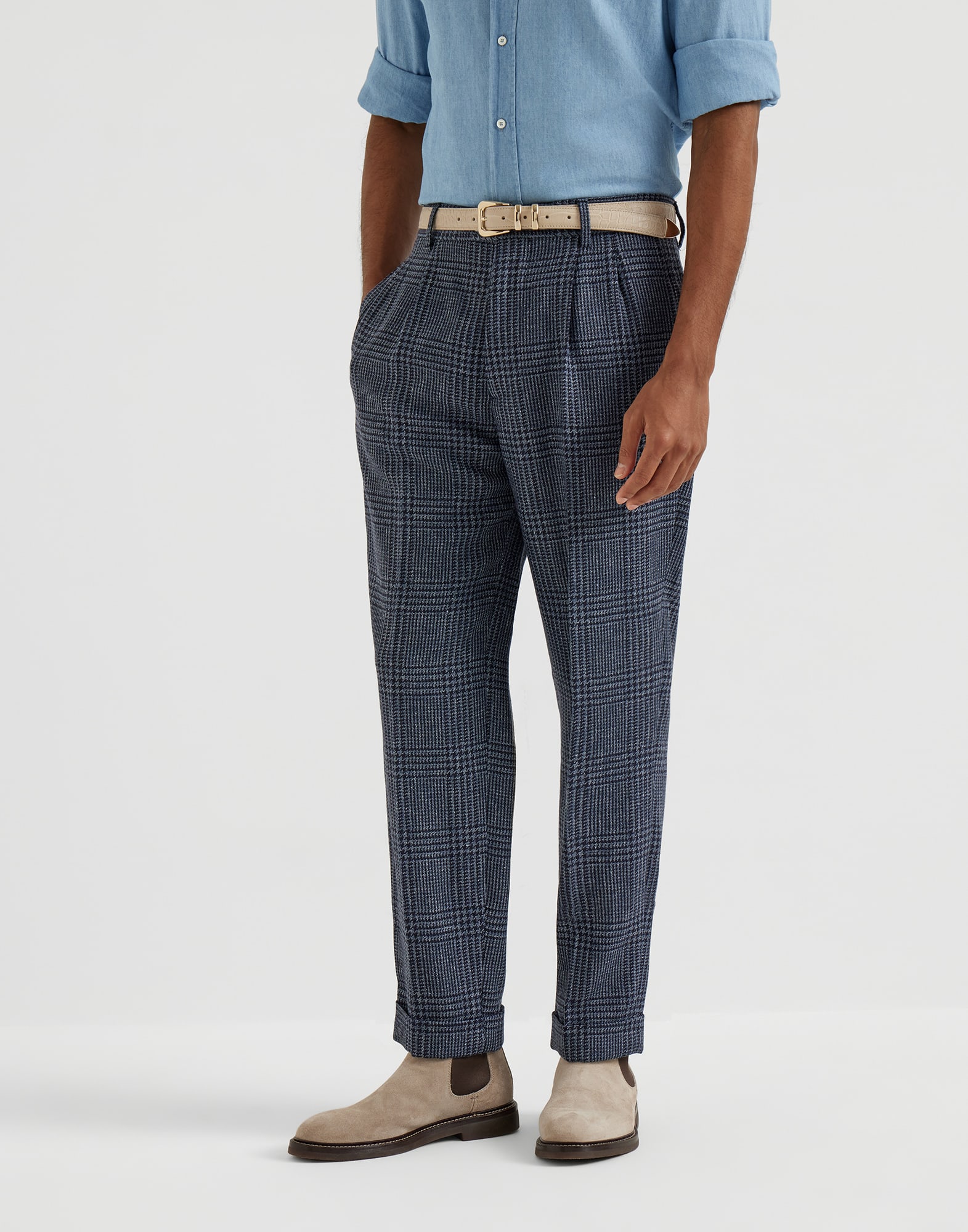 Leisure fit trousers with double pleats Denim Man - Brunello Cucinelli