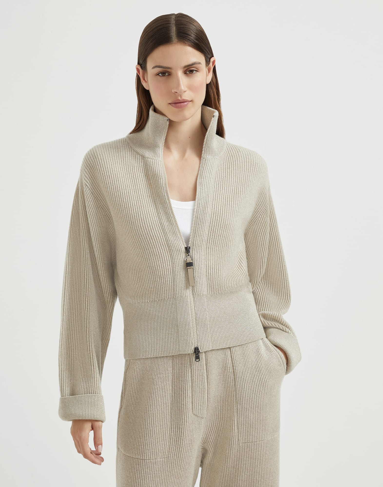 Sparkling cashmere cardigan Cool Beige Woman - Brunello Cucinelli