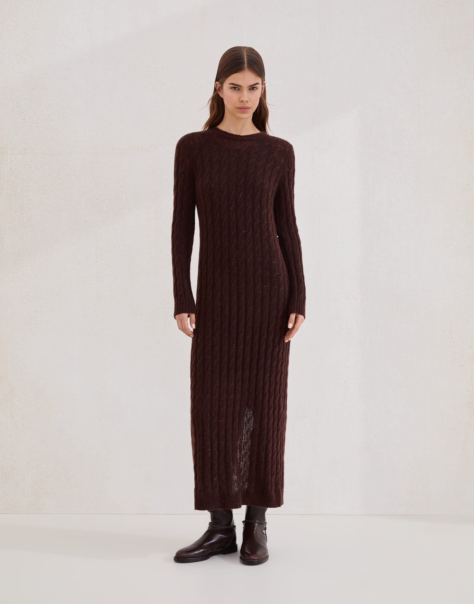 闪耀粗针缆绳针织连衣裙 可可色 女款 - Brunello Cucinelli