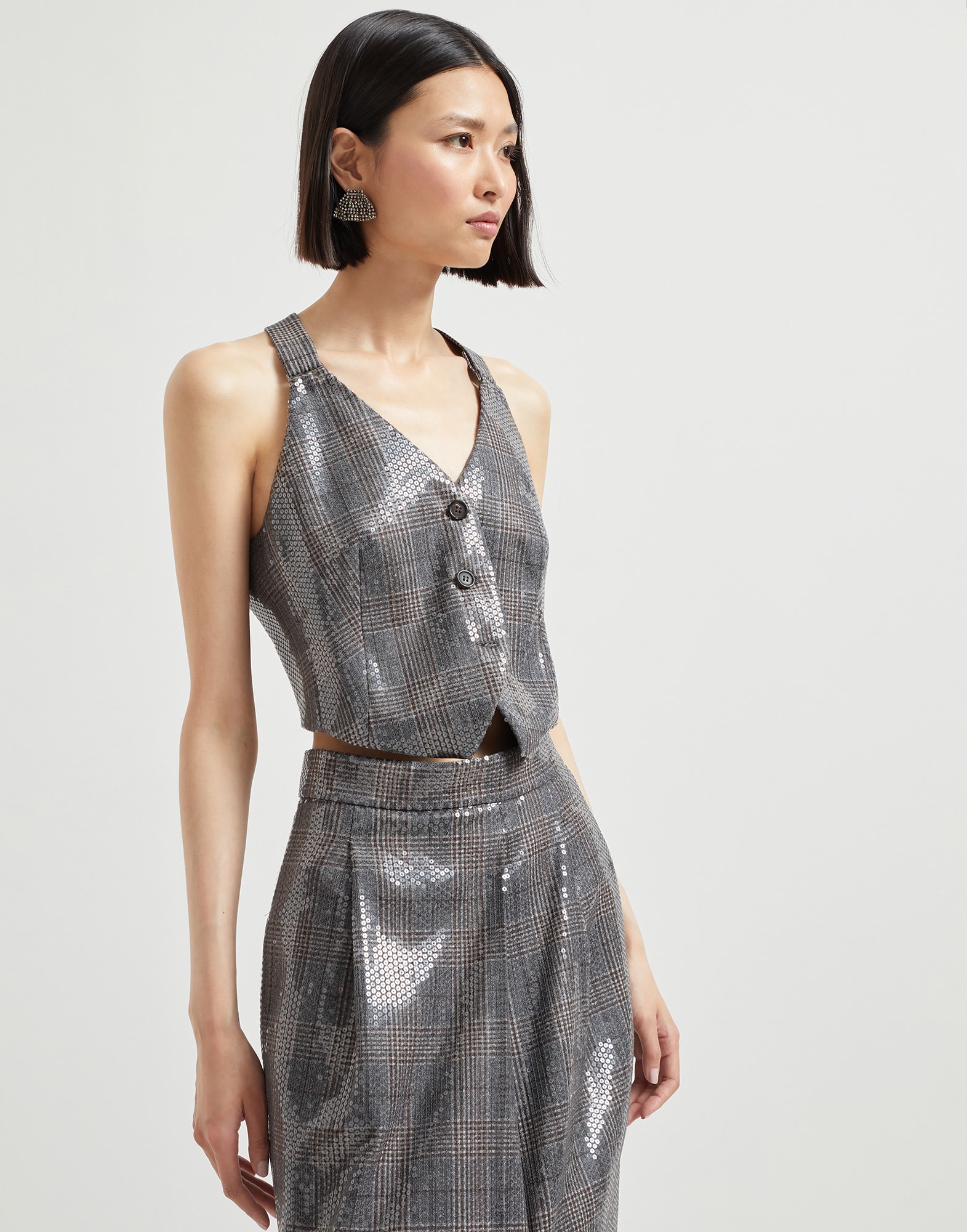 Prince of Wales waistcoat with embroidery Anthracite Woman - Brunello Cucinelli