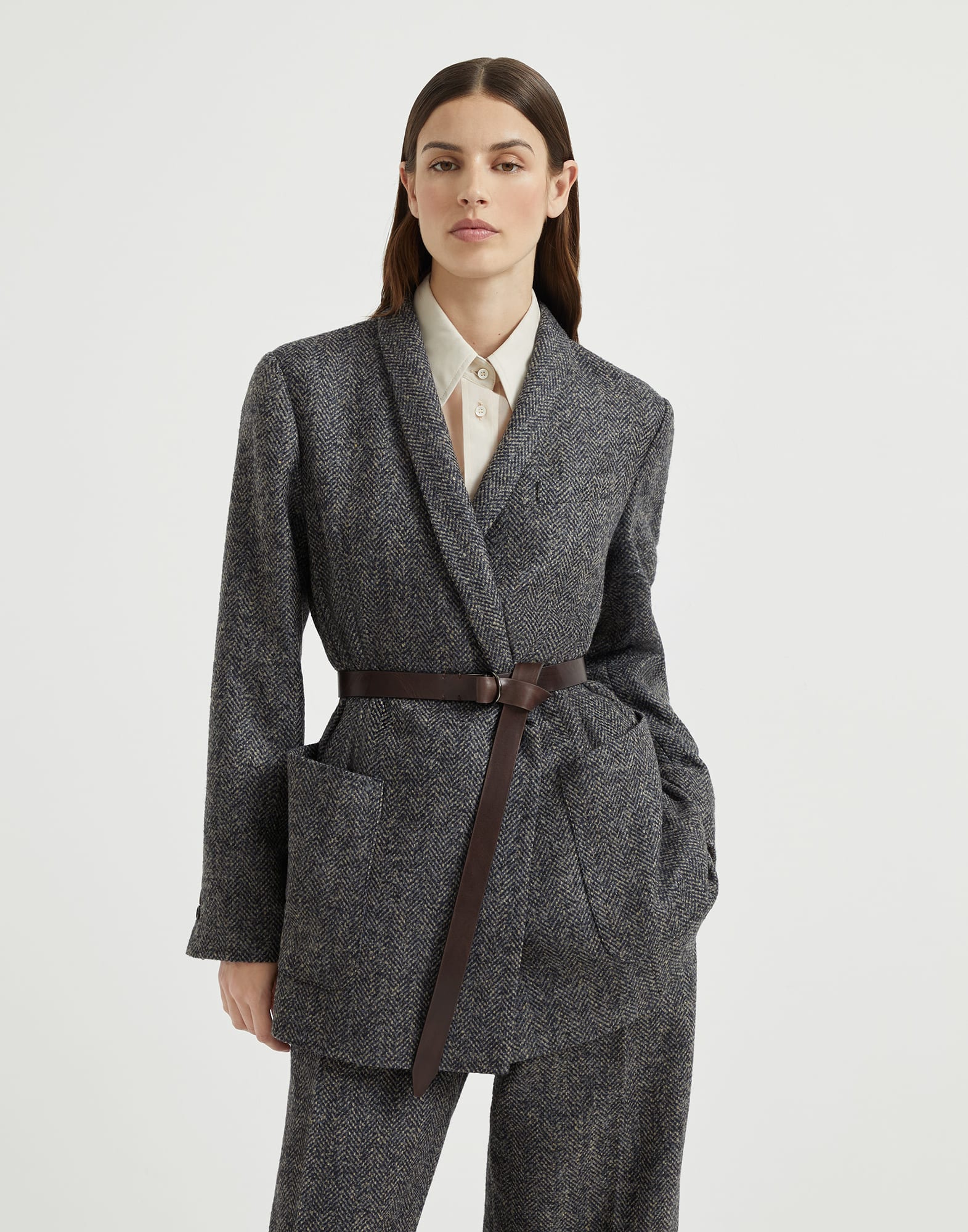 Herringbone tweed blazer Blue Woman - Brunello Cucinelli