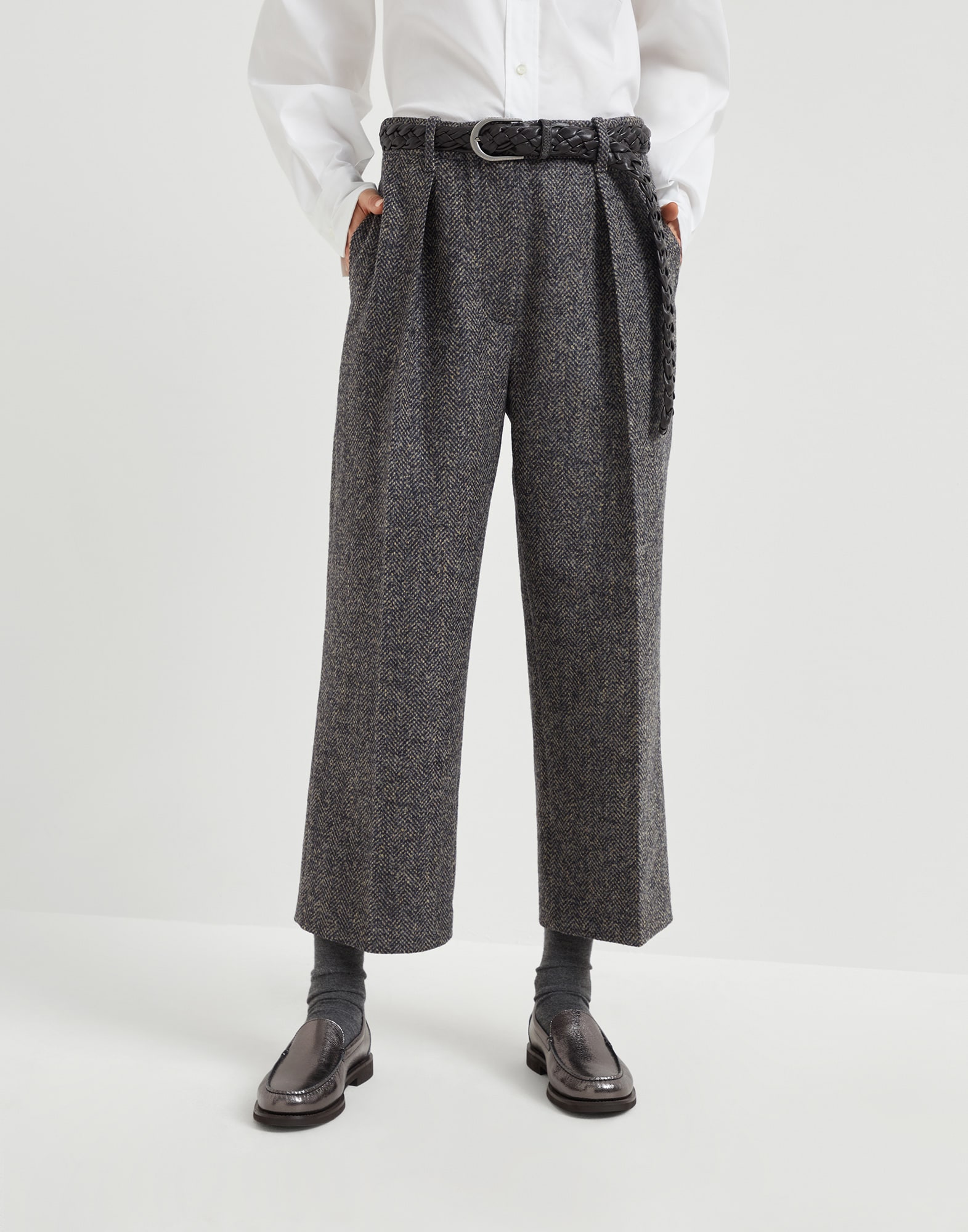 Herringbone tweed pleated trousers Blue Woman - Brunello Cucinelli