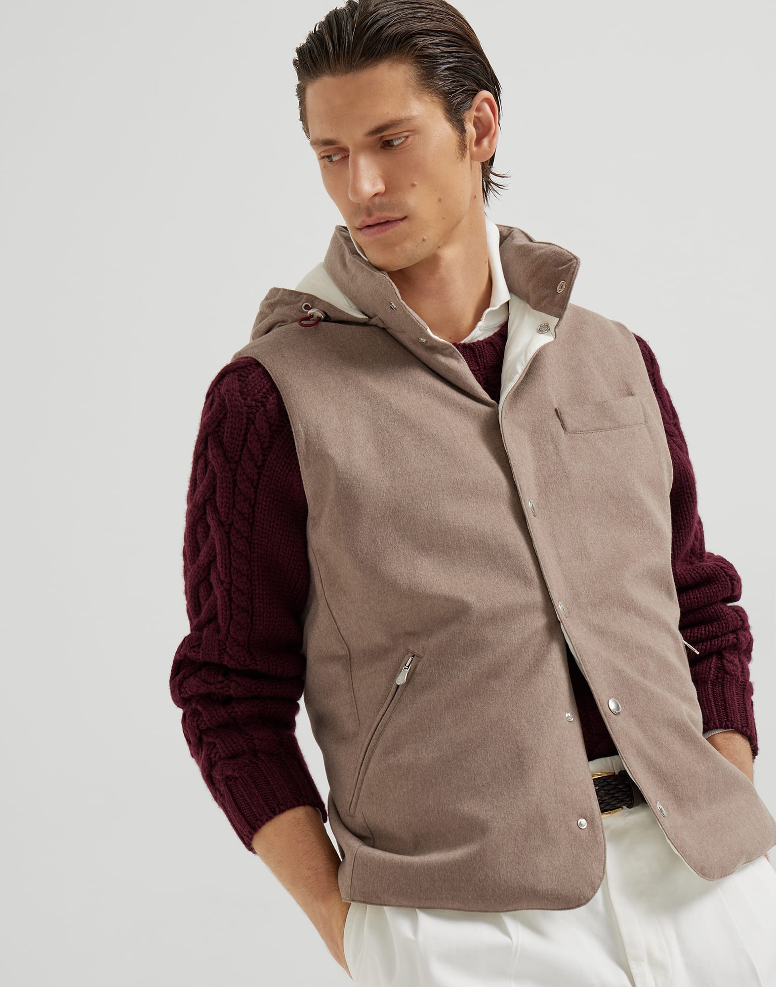 Flannel down vest for Man in Hazelnut | Brunello Cucinelli Flannel down vest for Man in Hazelnut | Brunello Cucinelli