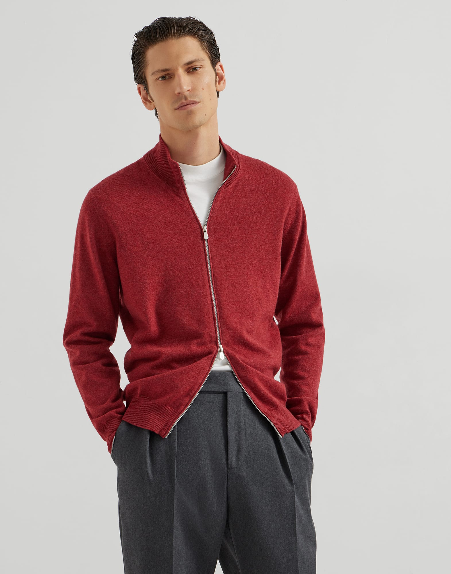 Zip-front cardigan for Man in Purple-Red | Brunello Cucinelli Zip-front cardigan for Man in Purple-Red | Brunello Cucinelli