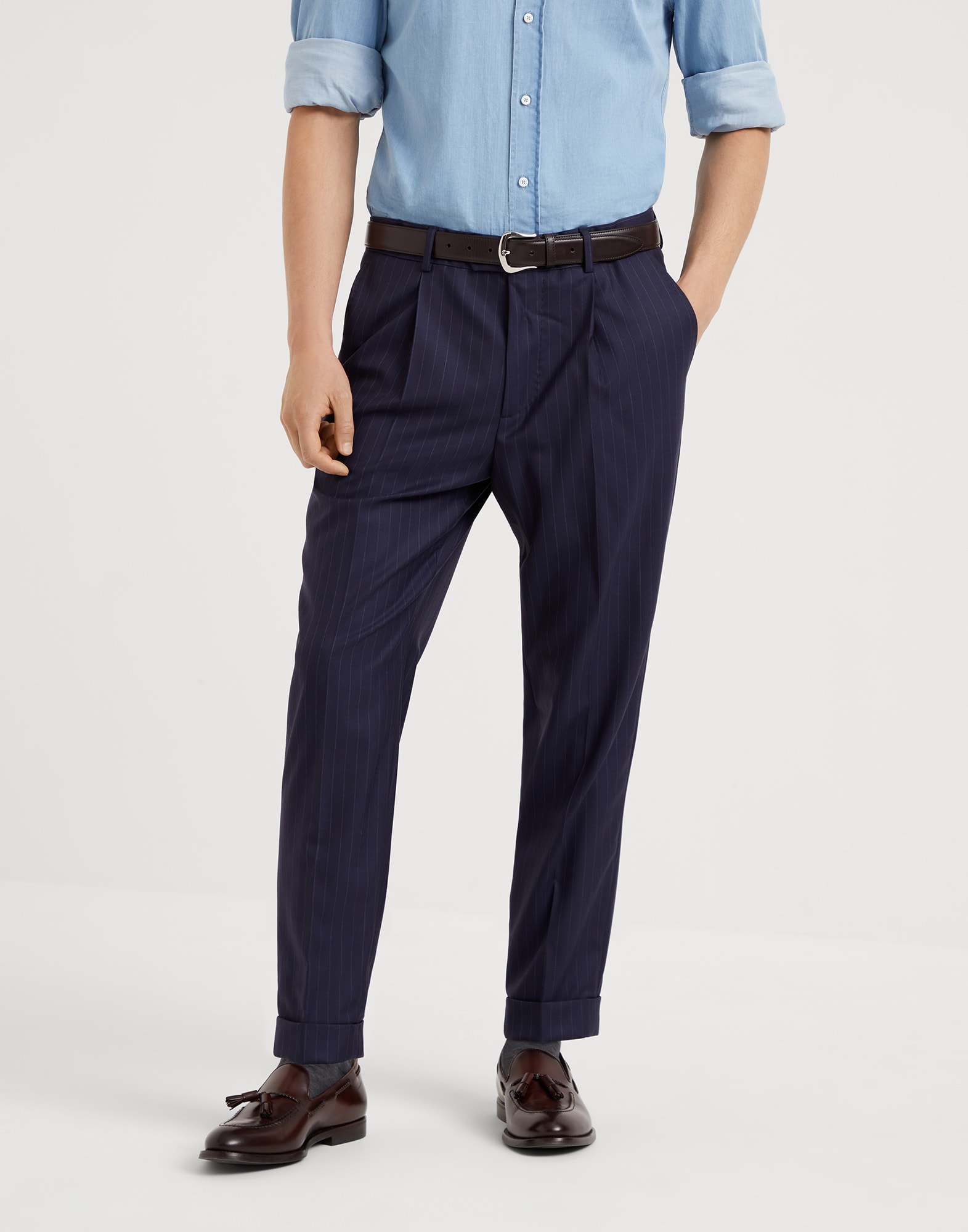 タック入り レジャーフィット トラウザーズ ネイビーブルー メンズ - Brunello Cucinelli