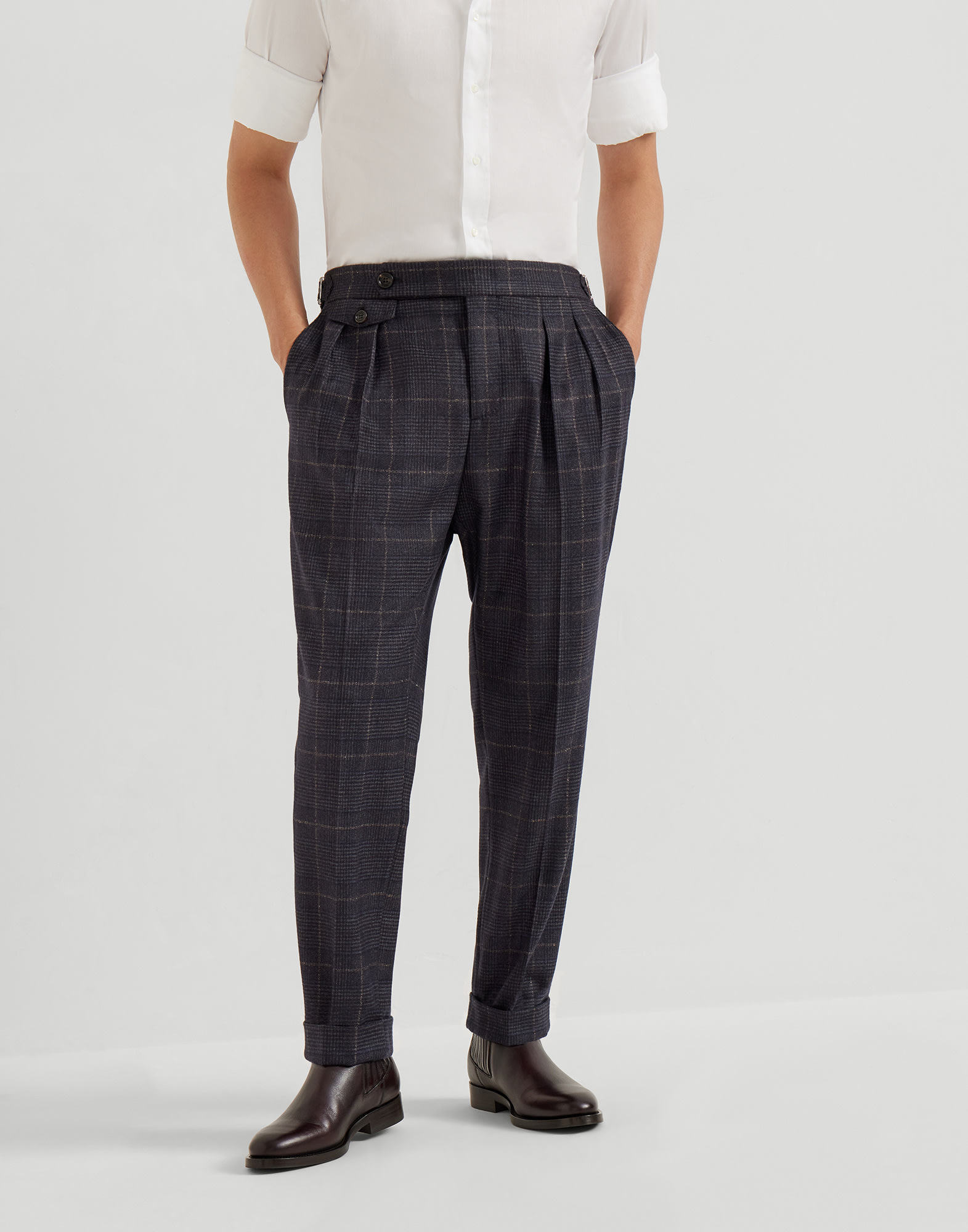 威尔士格纹长裤 钢灰色 男款 - Brunello Cucinelli