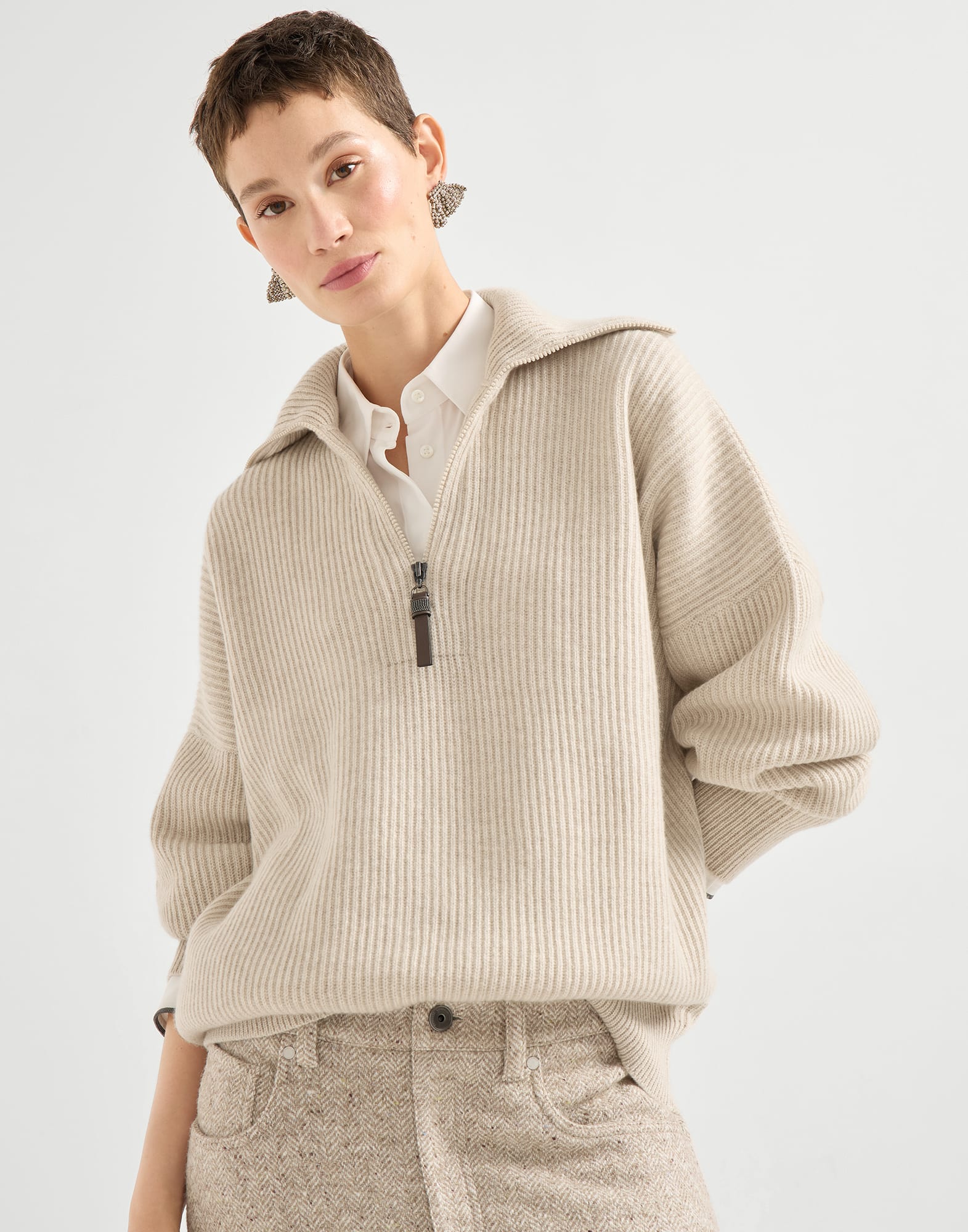 Cashmere English rib sweater Beige Woman - Brunello Cucinelli