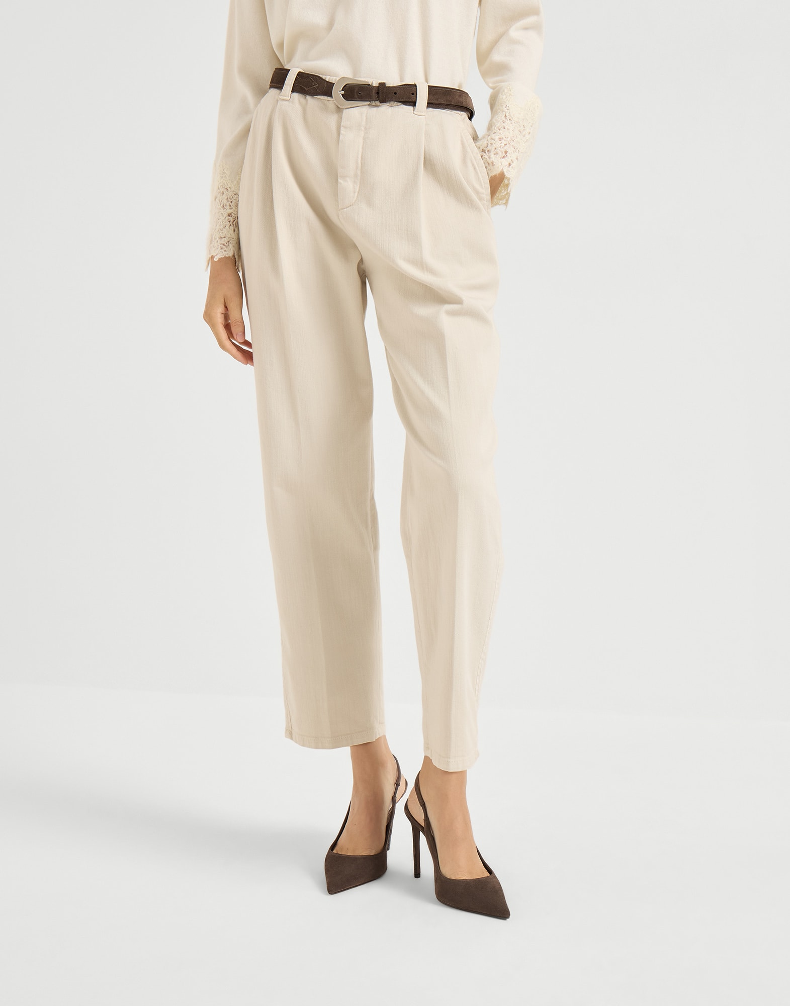Pantalon Baggy orné de Monile Beige Froid Femme - Brunello Cucinelli