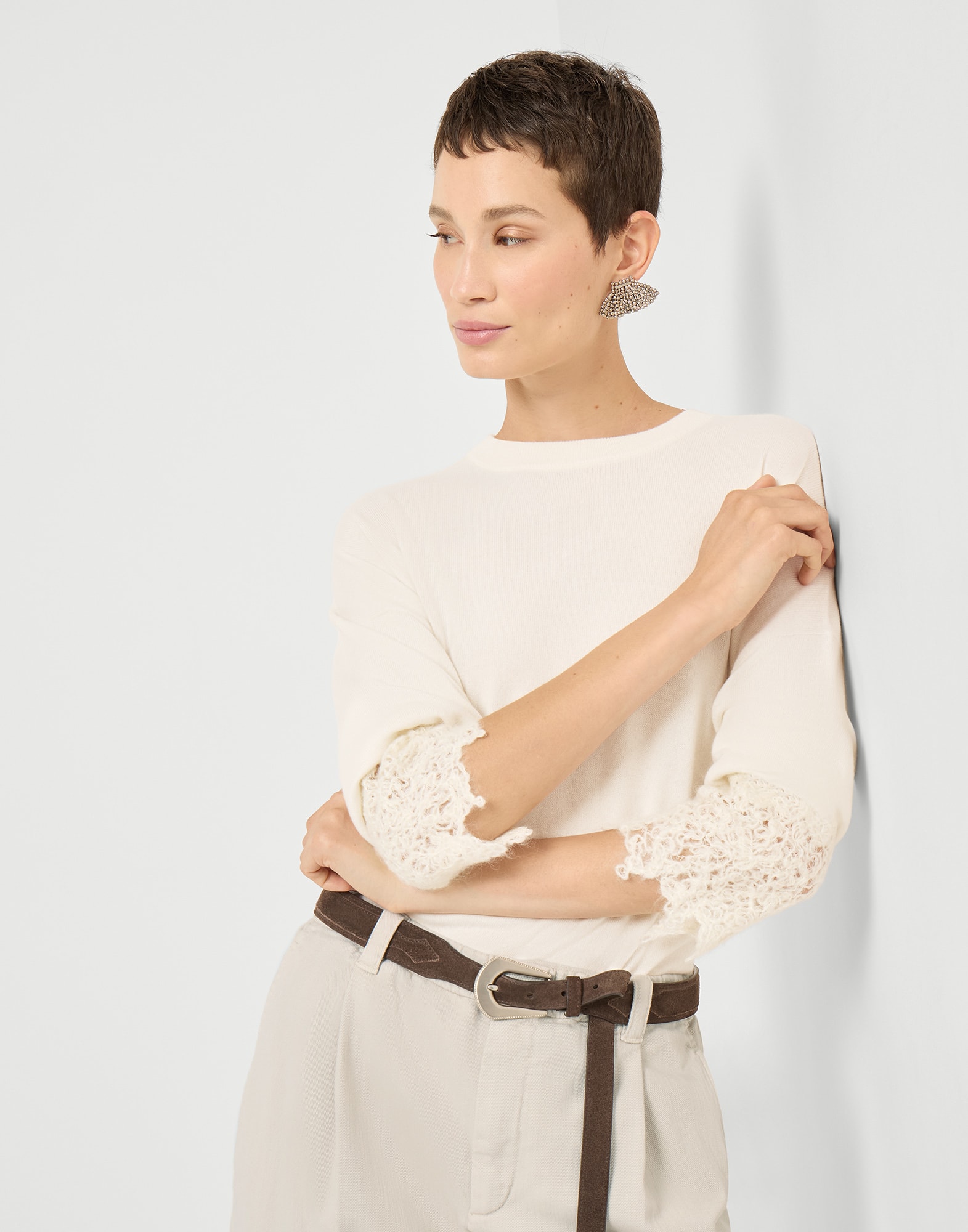 Pull avec Wispy Lace Cuffs Panama Femme - Brunello Cucinelli