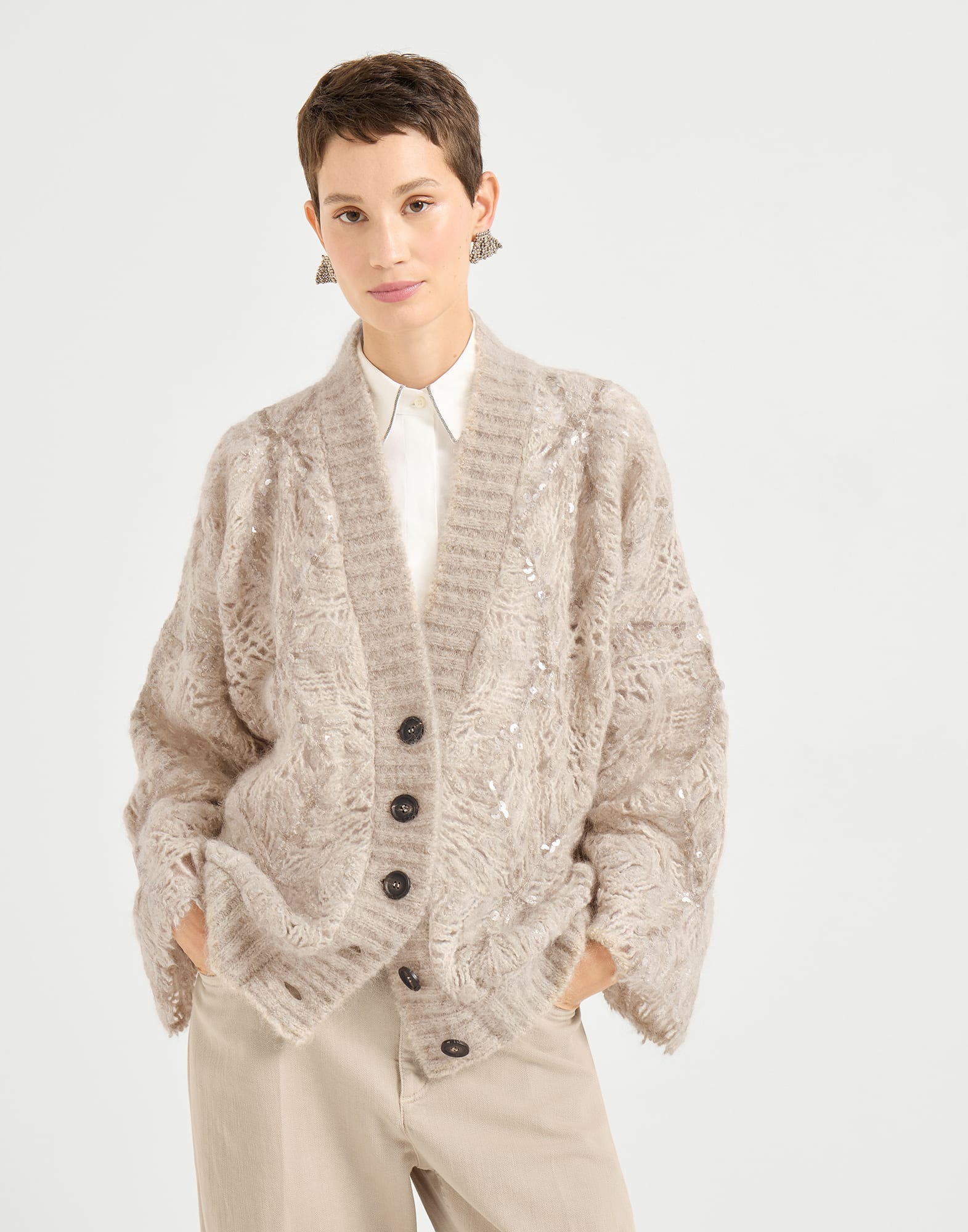 冰雪刺绣开衫 暖米色 女款 - Brunello Cucinelli