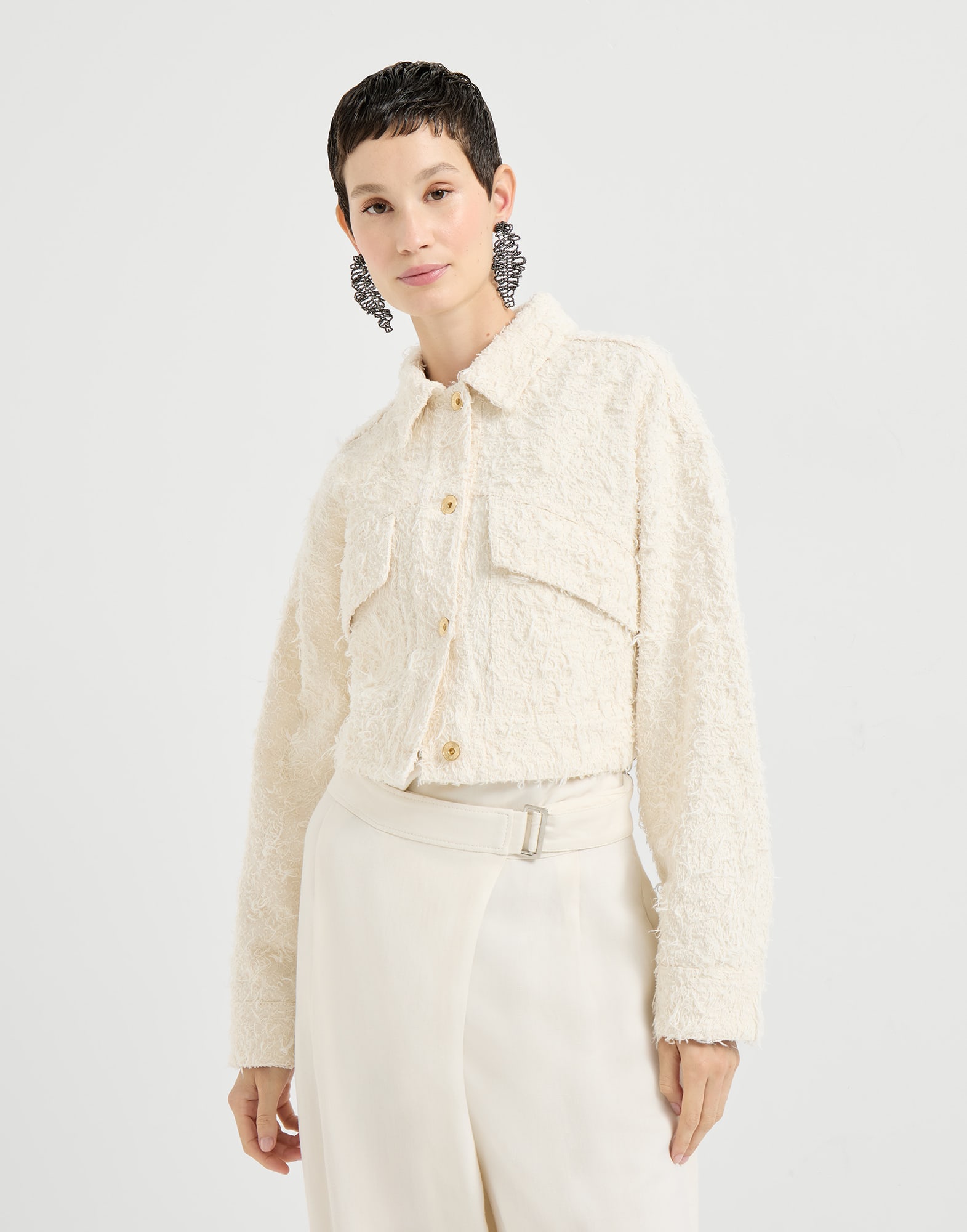 Fuzzy denim outerwear jacket