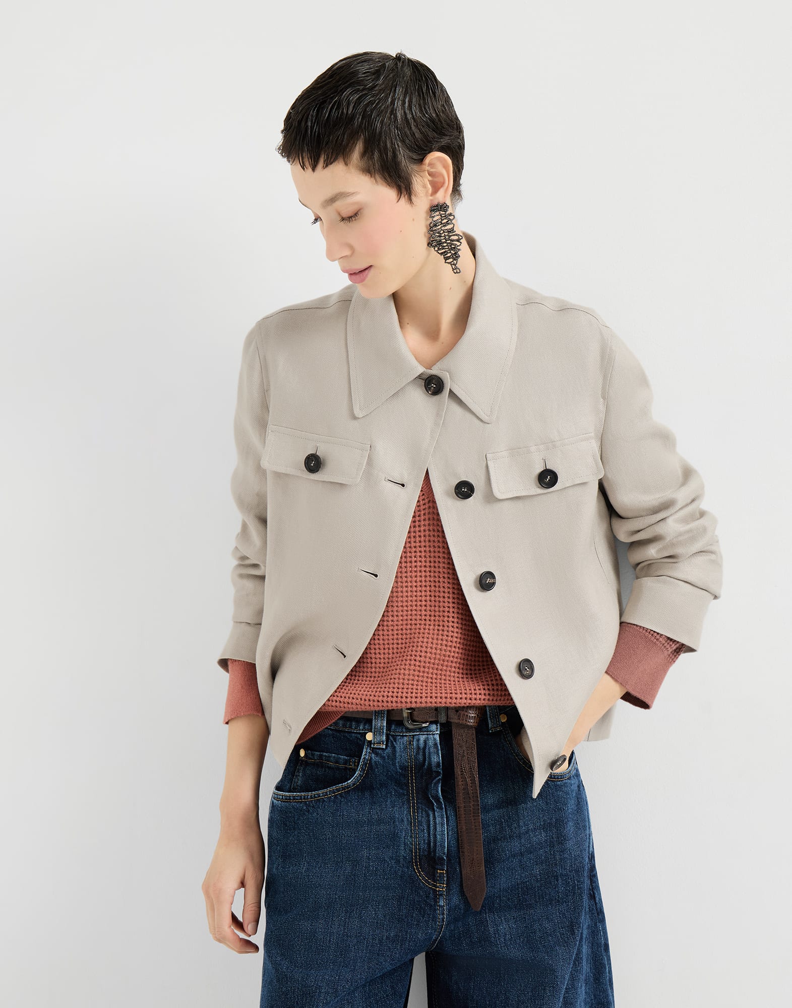 Linen diagonal jacket for Woman in Beige | Brunello Cucinelli