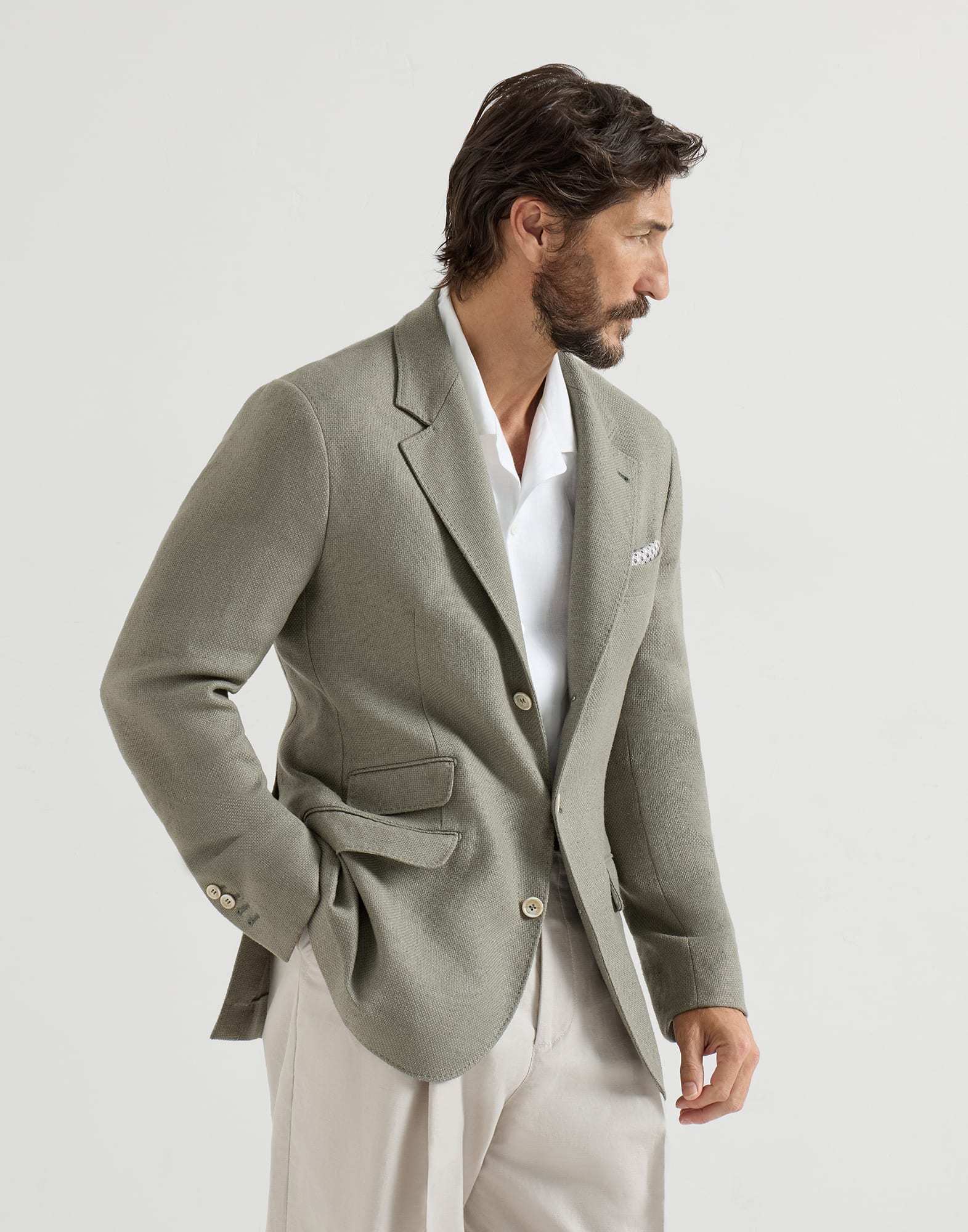 Hopsack deconstructed blazer for Man in Khaki | Brunello Cucinelli Hopsack deconstructed blazer for Man in Khaki | Brunello Cucinelli