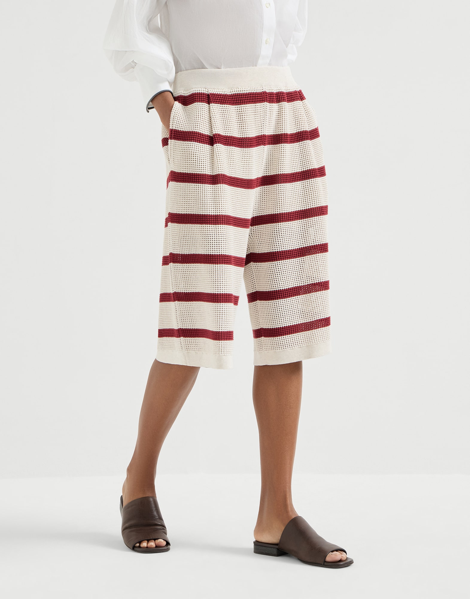 Cotton net knit Bermuda shorts Bordeaux Woman - Brunello Cucinelli