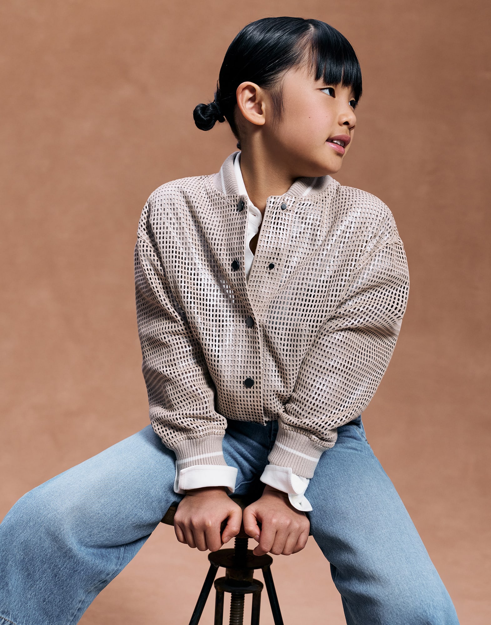 Sparkling net bomber jacket Beige Girls - Brunello Cucinelli