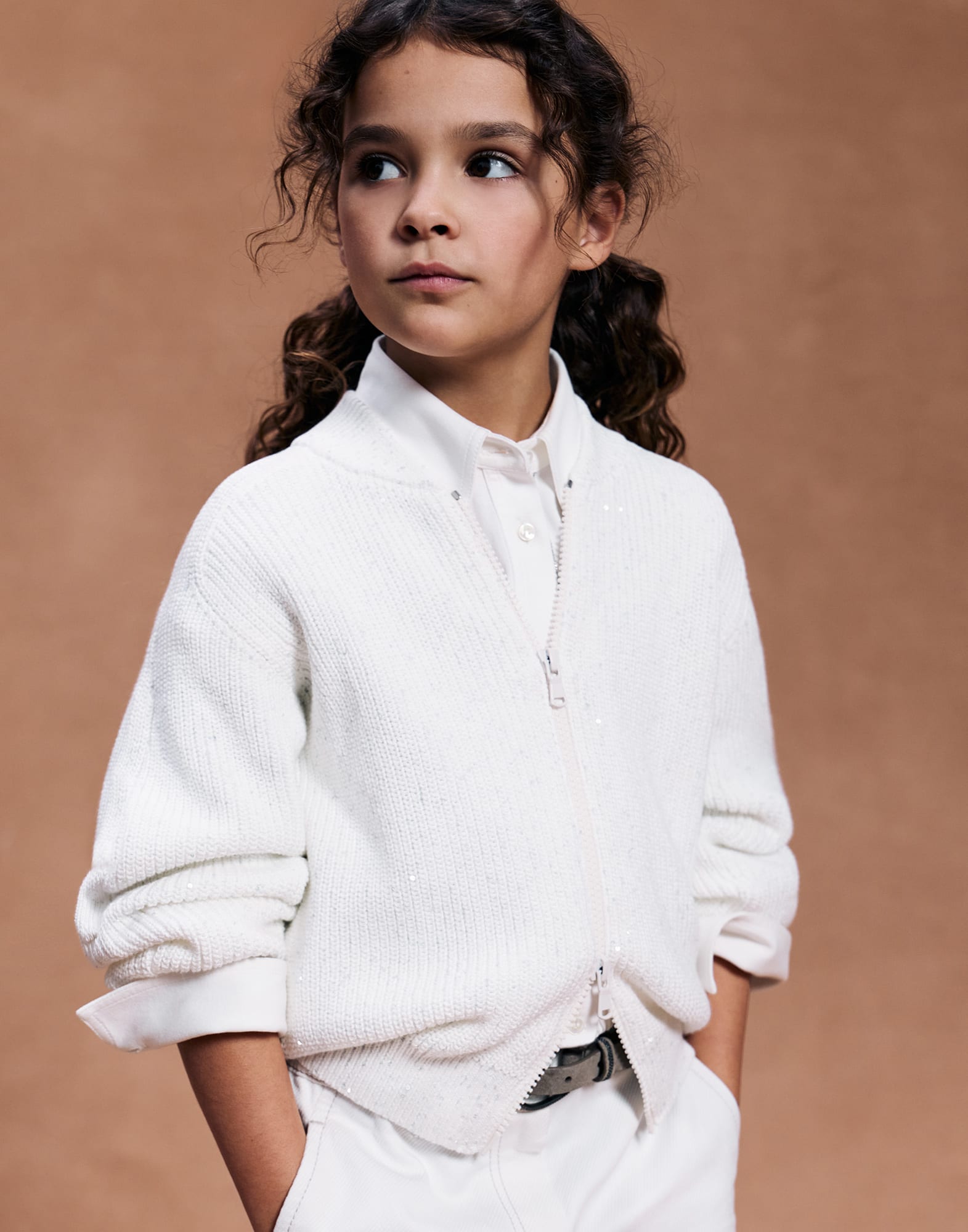 Cardigan in Patentstrick Wei&szlig; M&auml;dchen - Brunello Cucinelli