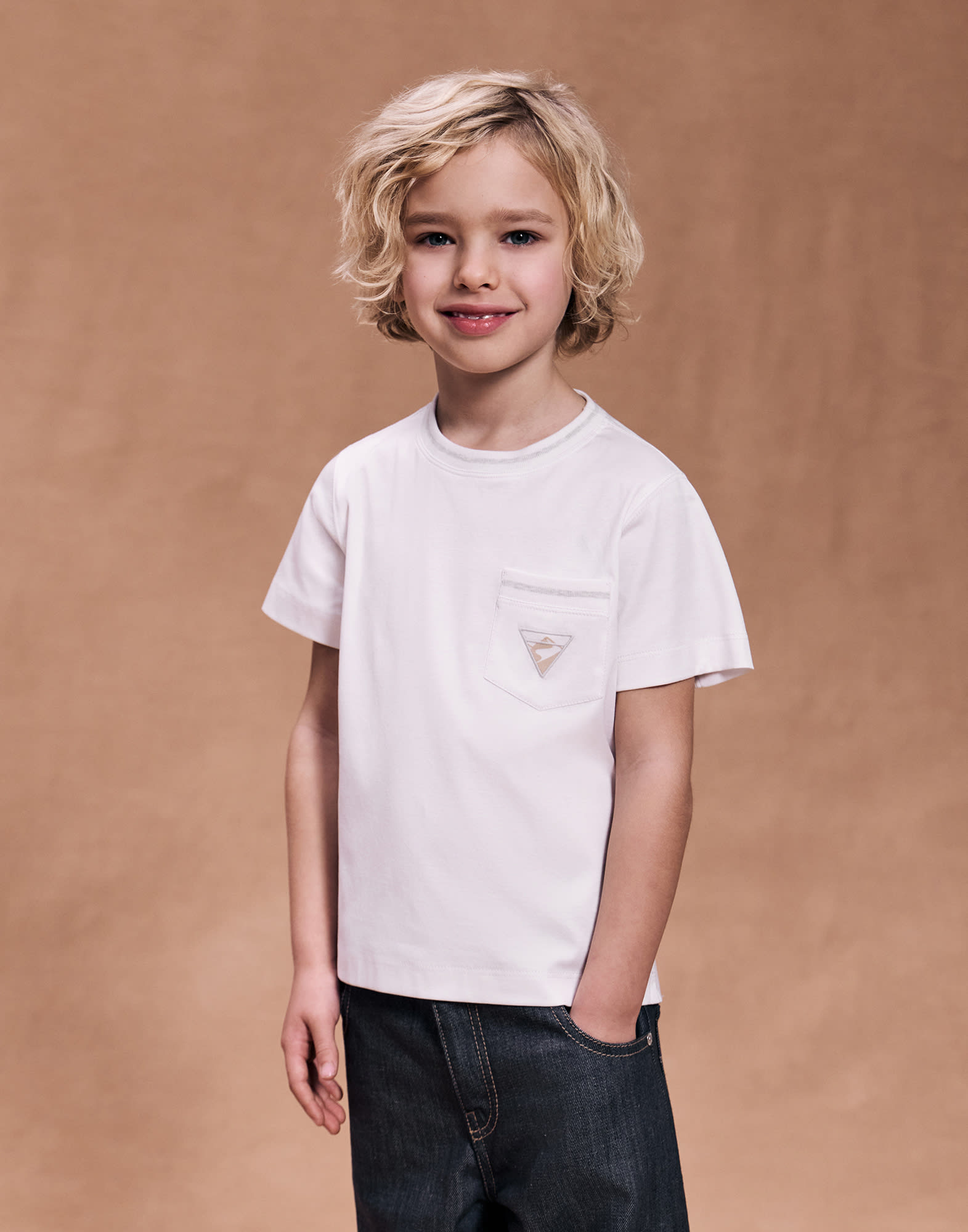 T-shirt in jersey con ricamo 'Terra' Bianco Bambino - Brunello Cucinelli