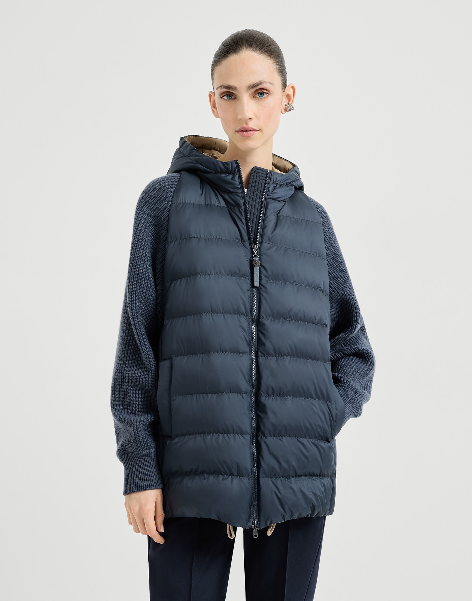 Daunenjacke aus Nylon mit Kapuze Blau Damen - Brunello Cucinelli