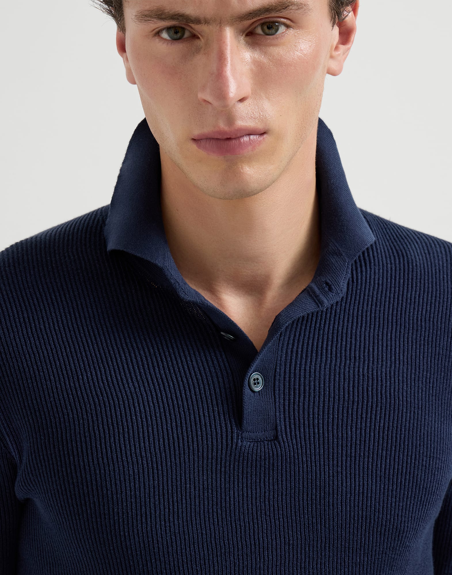 メンズ 向け ネイビーブルー リブニット ポロシャツ | Brunello Cucinelli